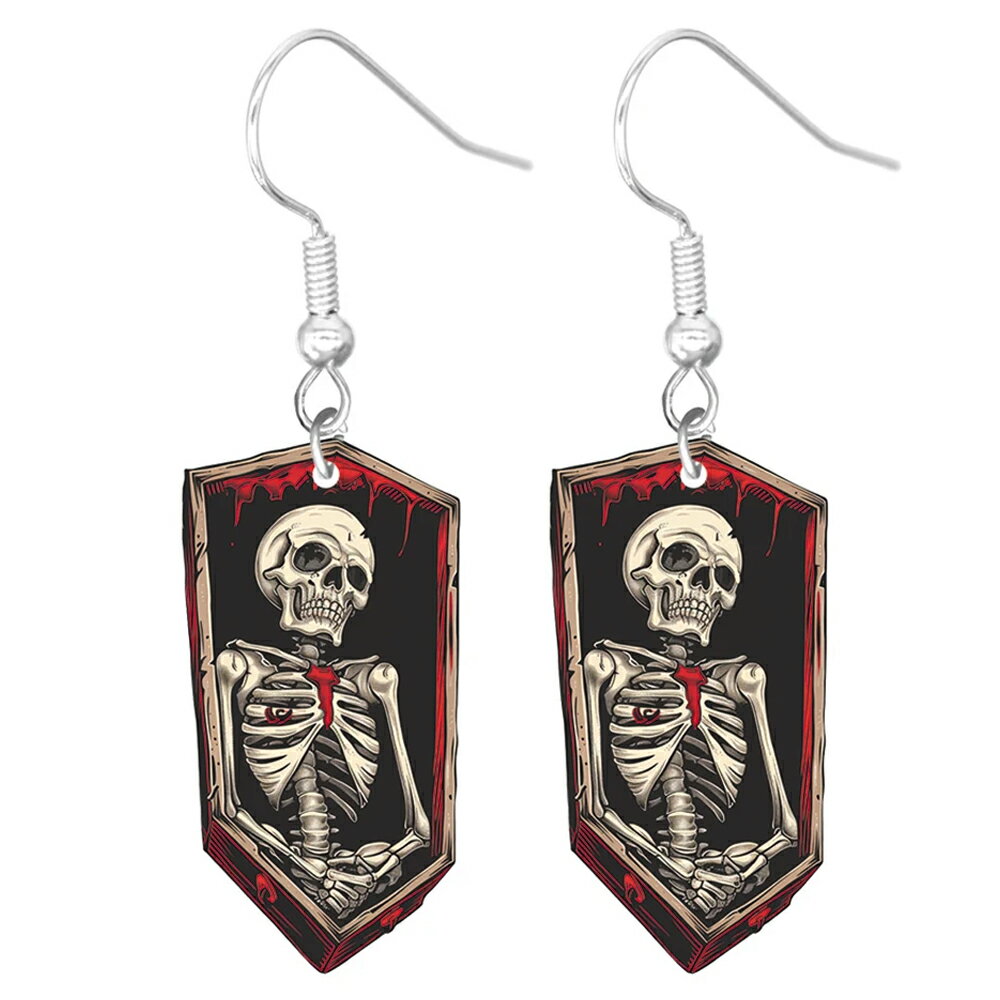 Coffin Skull Hook Earrings, 1 Pair, American Earrings, 20G (20 Gauge), Fashion Earrings, Spooky, Skull, Skeleton, Coffin, Blood, Funny, Unique, Humorous, Gift for Men and Women, Halloween, Christmas, Costume, Haunted House, Staff