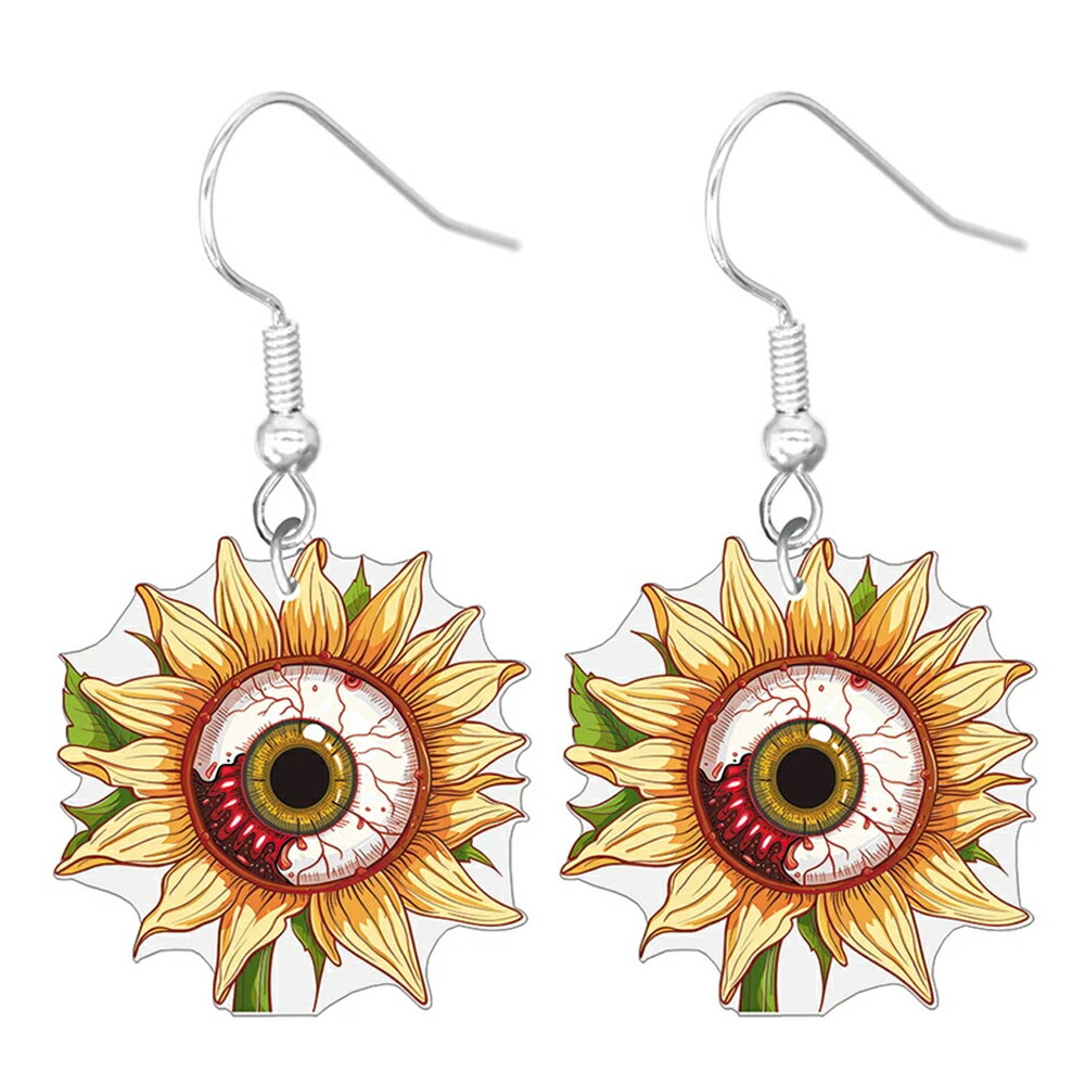 Sunflower Eye Hook Earrings (1 Pair) - American Style Earrings, 20G Gauge, Fashion Earrings, Spooky, Sunflower, Flower, Eyeball, Blood, Eye, Christmas, Unique, Funny, Men's, Women's, Gift, Halloween, Costume, Haunted House, Staff