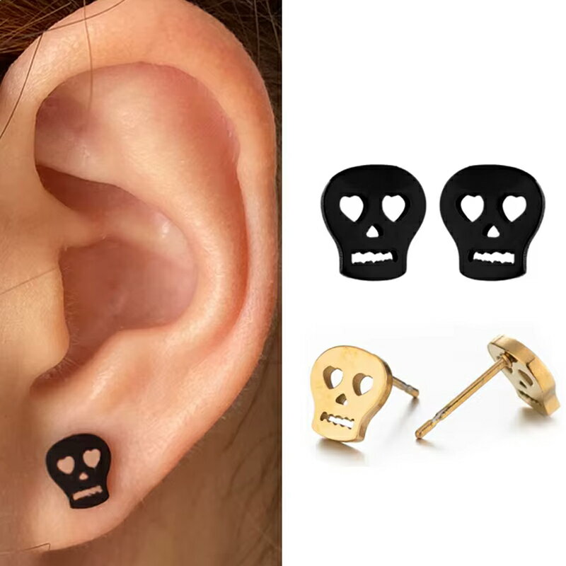 ドックロ ステンレスピアス（1ペア）両耳 ファッションピアス ドクロ 髑髏 がい骨 ガイコツ スカル 骸骨 男 女 黒色 金色 ブラック ゴールド メンズ レディース 男性 女性 20G 20ゲージ 耳 軟骨 スタッドピアス 人気 プレゼント ギフト 彼女 彼氏 母の日 父の日 パパ ママ