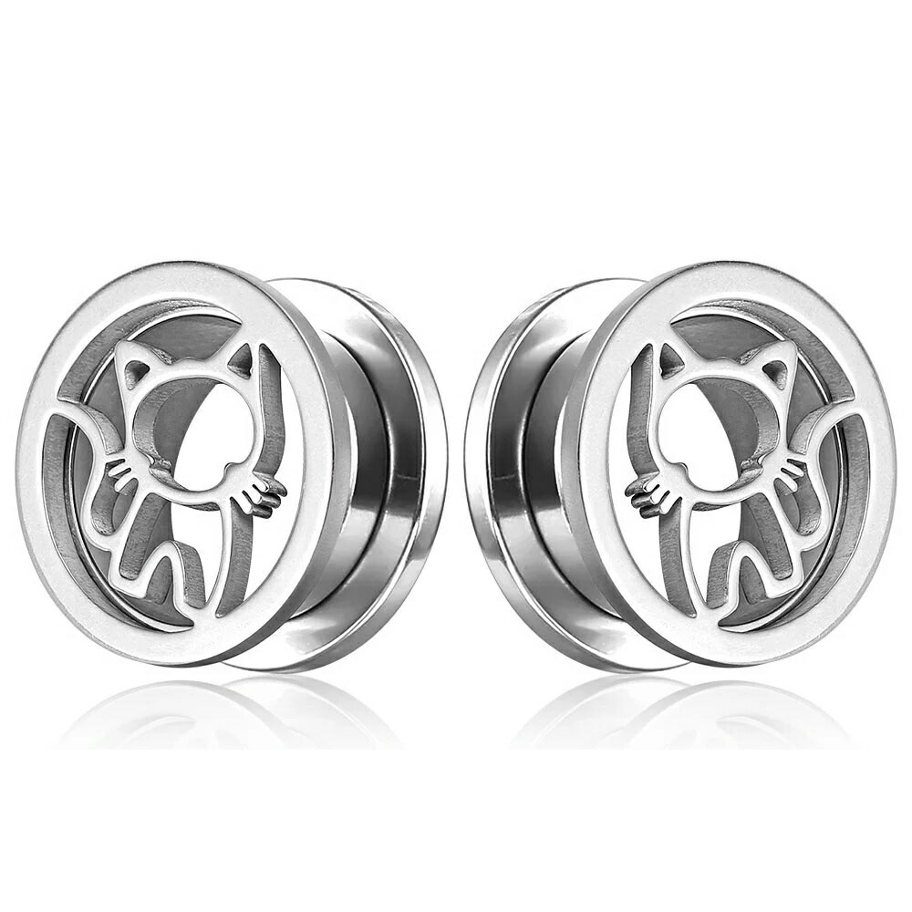 乐天商城 - [ 0G 00G 12mm ボディピアス] キャットトンネル（シルバー）1ペア販売 0ゲージ 00ゲージ 12.0mm 猫 ねこ 動物 アニマル 銀色 シルバー ボディーピアス メンズ レディース ネジ式 プラグ ホールピアス 大人 12ミリ 彼氏 彼女 可愛い 左耳 右耳