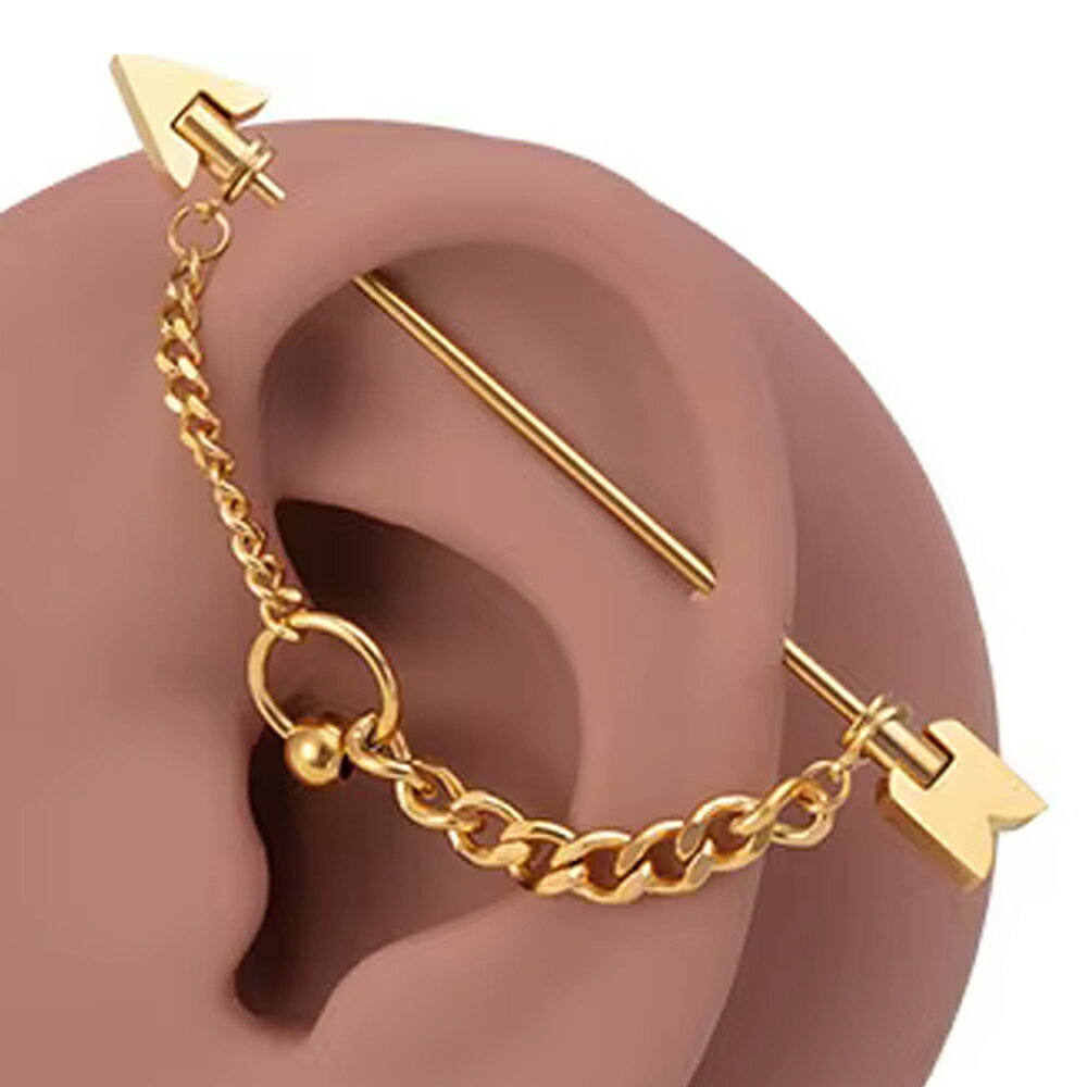 [16G ロングバーベル 長いストレートバーベル ボディピアス] アローチェーンリング インダストリアル（ゴールド） ボディーピアス 16ゲ..