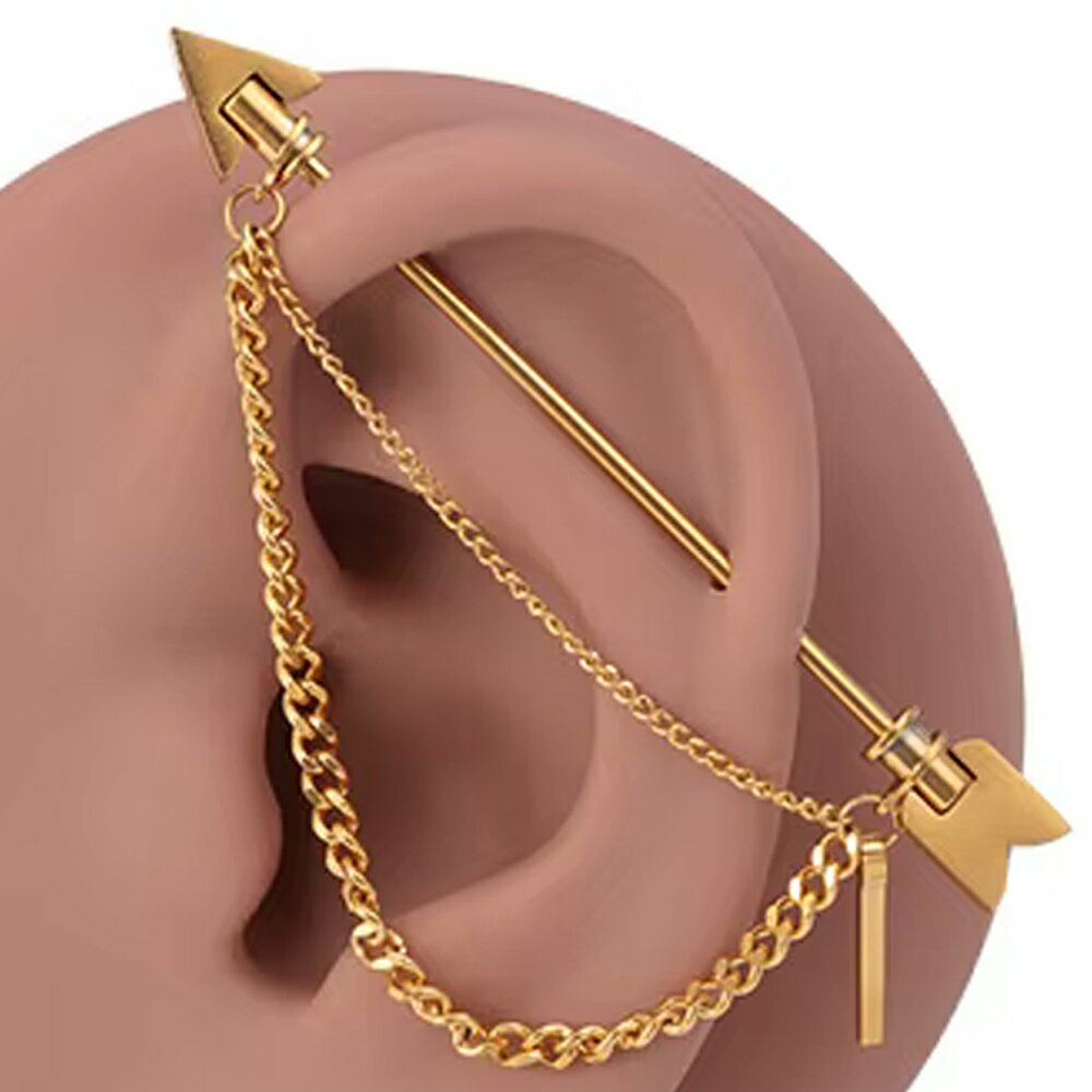 Body Earrings - [16G ロングバーベル 長いストレートバーベル ボディピアス] アローチェーンスティック インダストリアル（ゴールド） ボディーピアス 16ゲージ 16g メンズ レディース 軟骨 耳 ヘリックス 金色 棒 2本ダブルチェーン 2連風 弓矢 CBR キヘイチェーン 鎖 喜平