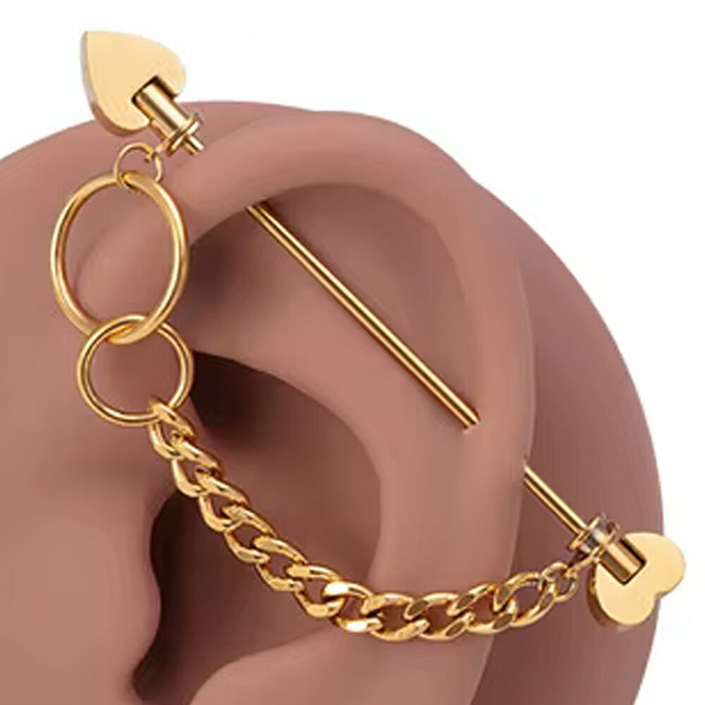 [16G ロングバーベル 長いストレートバーベル ボディピアス] トランプチェーンリング インダストリアル（ゴールド） ボディーピアス 16ゲージ 16g メンズ レディース 軟骨 耳 ヘリックス 金色 輪 ハート スペード 占い 弓矢 CBR キヘイチェーン 鎖 喜平