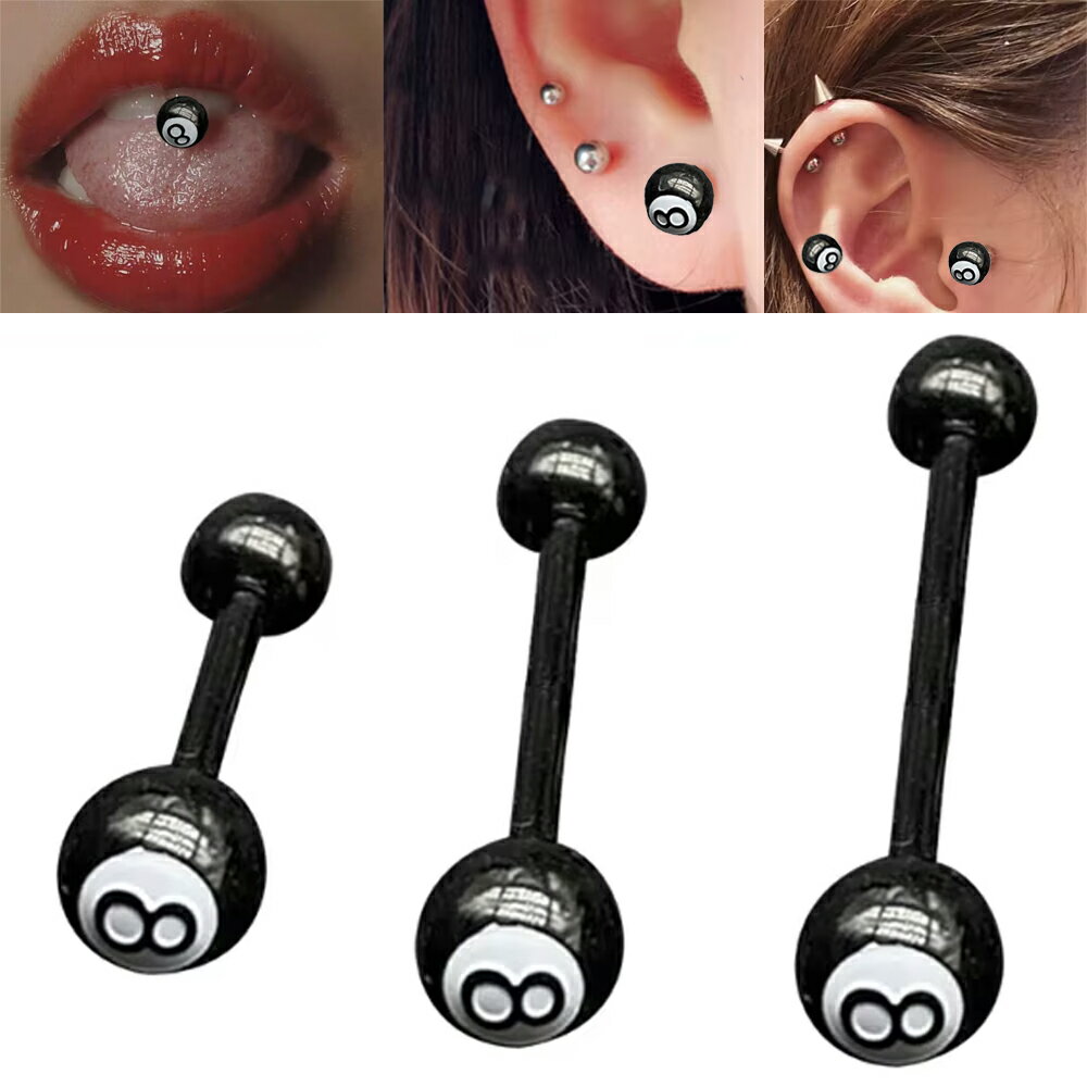 [14G] 8 볼 블랙 스트레이트 바벨 바디 피어싱 1 개 판매 14 게이지 서지컬 스테인레스 316 L 남성 여성 당구 에이트 볼 블랙 혀 피어싱 탬피어스 귀 연골 나선형 네지 네지 루크