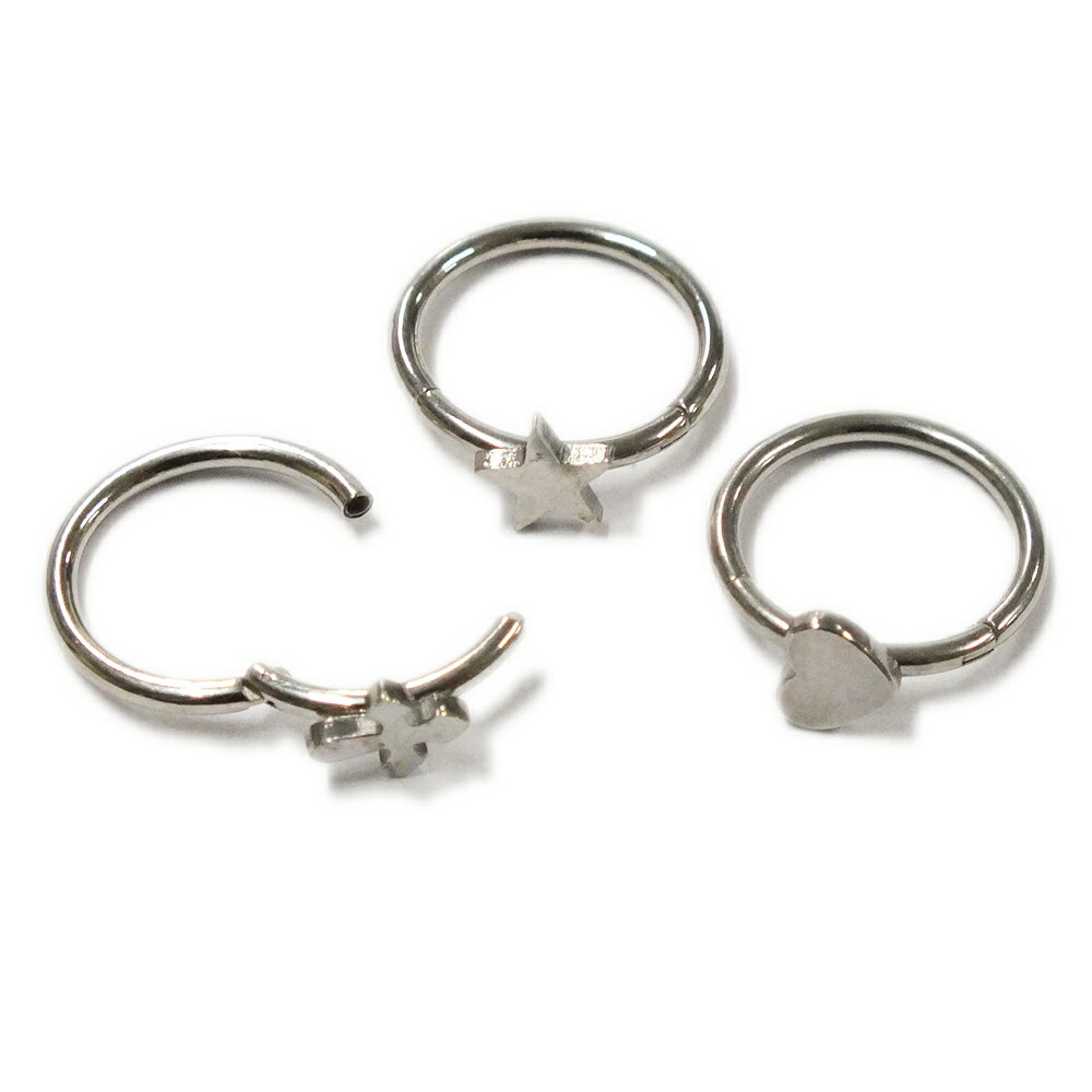 [16G フープピアス型 ボディピアス] クロス ハート スターロック ルーク ダイス用クリッカー 軟骨ピアス 16ゲージ サージカルステンレス316L メンズ レディース ボディーピアス リング型 リングピアス ヘリック ワンタッチ プレゼント 十字架 星 シルバー 銀色 蝶番 ヒンジ