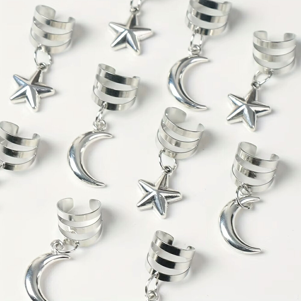 ピアス専門ショップGreen Piercingのティンクルムーンスターシルバーイヤーカフ 1個販売 星 三日月 チャーム 揺れる メンズ レディース 穴あけ不要 挟む はさむ イヤーカフ ノンホールピアス あけない はさむ 真鍮 銀色 プレゼント｜アングル3