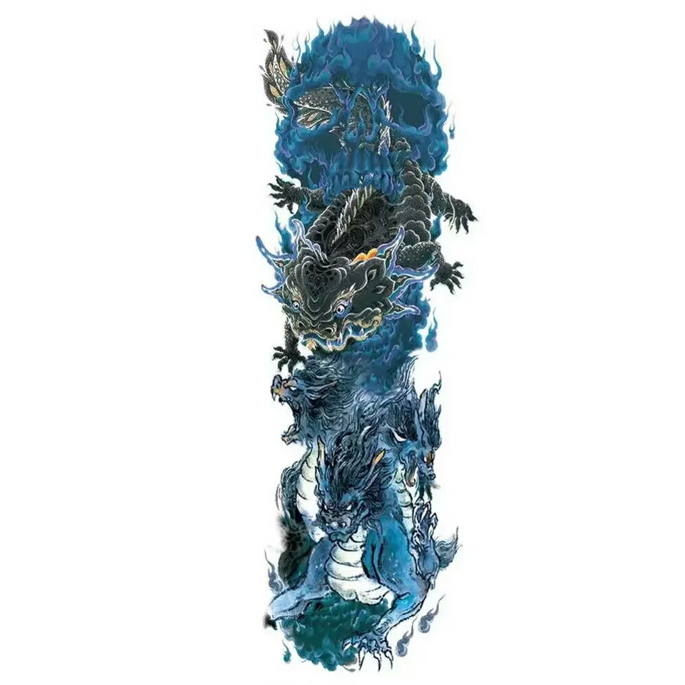 ロングフェイクタトゥーステッカー 1シート 竜 龍 ドラゴン 麒麟 青色 ブルー 炎 ...