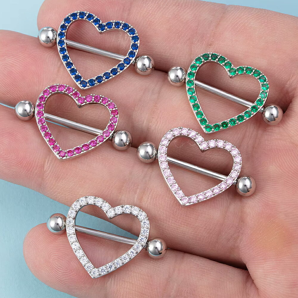 [ 14G ] ジュエルオープンハートニップルピアス 1個販売 ストレートバーベル クリスタル ラインストーン キュービックジルコニア シールド 14ゲージ 胸 乳輪 ボディピアス メンズ レディース サージカルステンレス316L ボディーピアス 乳首ピアス プレゼント