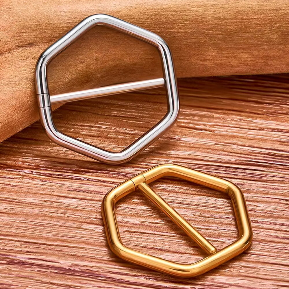 [16G サージカルステンレス316L リング型 ニップル ボディピアス ] フリップリングクリッカー（ヘキサゴン） 1個販売 ボディーピアス 16ゲージ メンズ レディース 乳首 ニップル ゴールド 金色 シルバー 銀色 ワンタッチ シンプル 胸 装着簡単 六角形