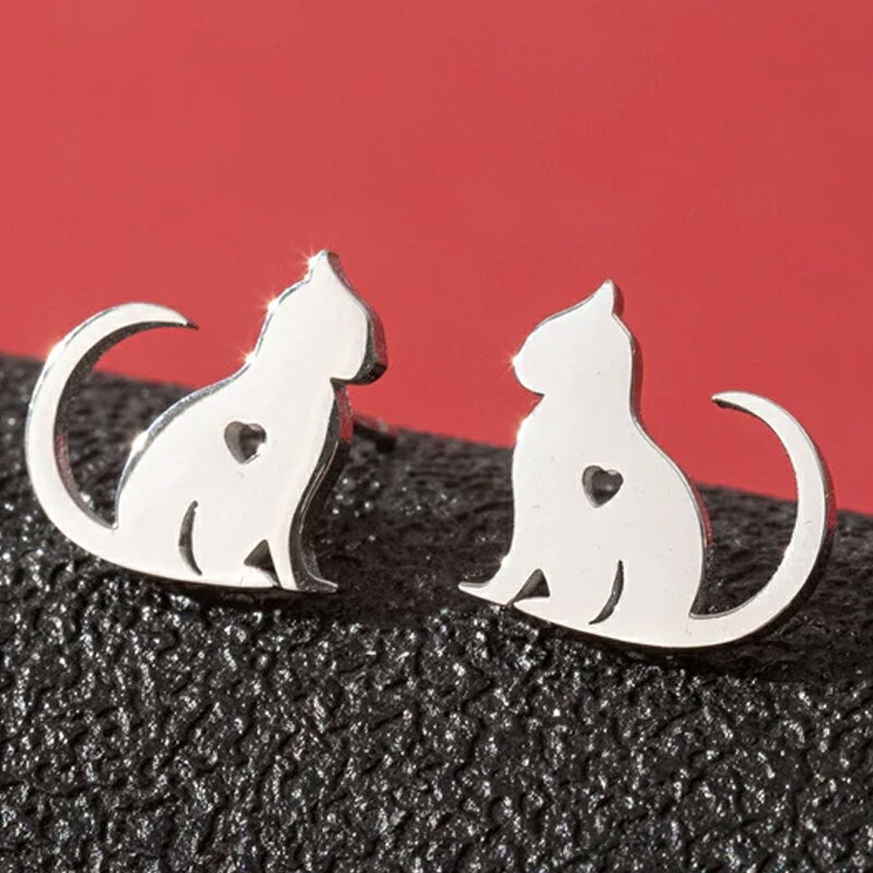 하트캣 스테인리스 피어스(1 페어) 양귀 패션 피어스 고양이 고양이 고양이 고양이 애완동물 숍 동물 동물 귀엽다 은색 실버 맨즈 레이디스 남성 여성 20G 20게이지 귀 연골 캐치 피어싱 스터드 피어스