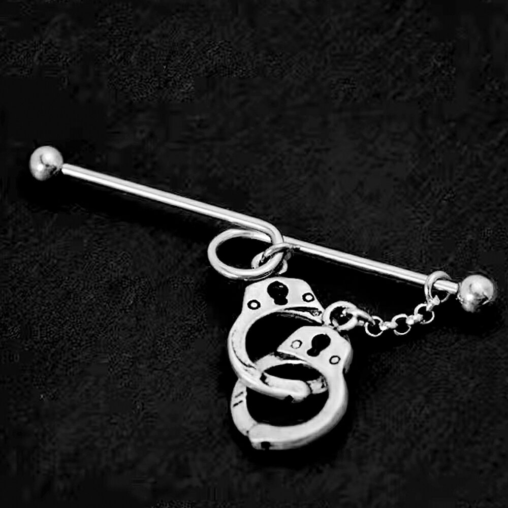 [14G インダストリアル 長いバーベル] 手錠チャーム ストレートバーベル 1個販売 14ゲージ ボディピアス メガバーベル メンズ レディース 長い ロングバーベル ピアスをつなぐ サージカルステンレス316L おもしろい 面白 シルバー 銀色 コスプレ 仮装 警察 ポリス