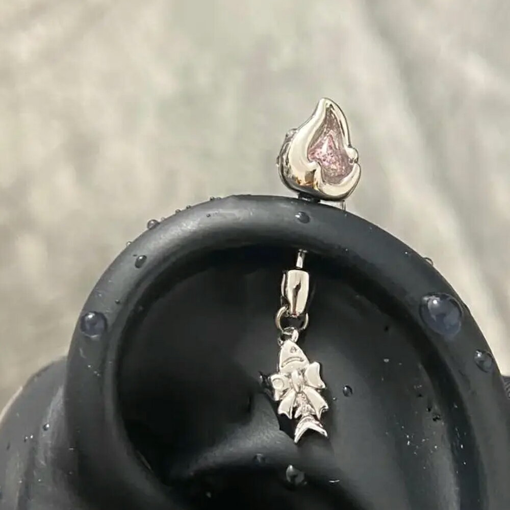 Cat Ear Ribbon Fish Charm Straight Barbell (Sold Individually) - Screw Type, 20G Gauge, Men's & Women's, Fashion Earring, Brass, Cute, Silver, Cat Ear, Animal, Fishbone, Ribbon, Body Piercing, Pink Jewel Stone