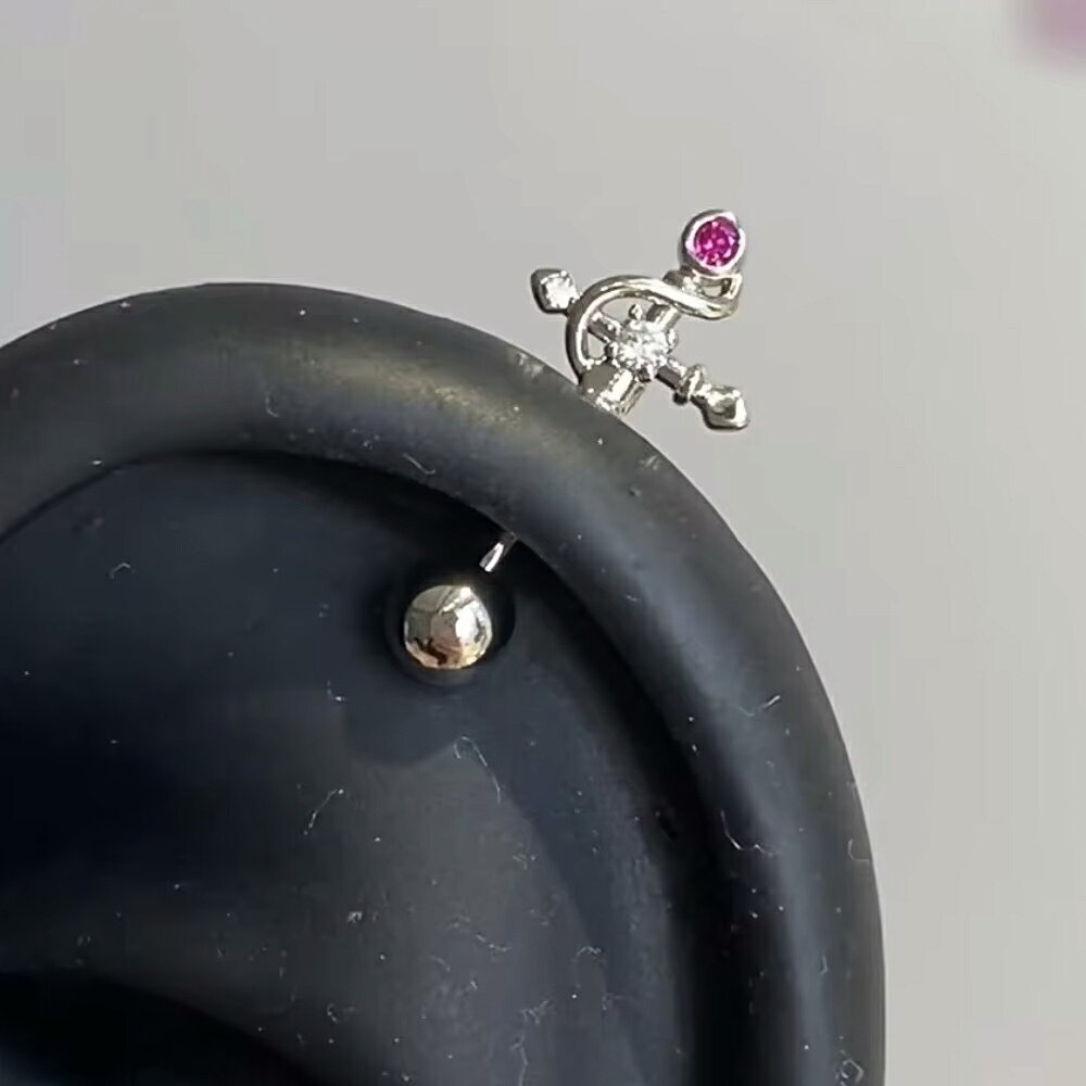 Cross Sword Straight Barbell (Sold Individually) - Screw Type, 20G Gauge, for Men and Women, Fashion Earring, Brass, Cute, Silver, Pink, Clear, Crystal, Zirconia, Stone, Jewel, Cross, Sword, Body Piercing