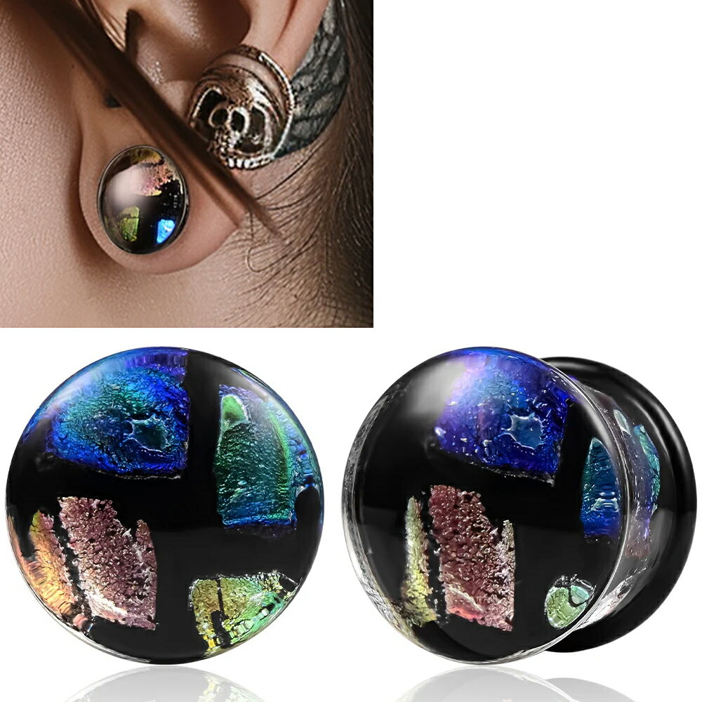 [0G 00G 12mm ボディピアス ] アートガラスプラグ （パッチワーク）1個販売 つぎはぎ ブラック クリア ..