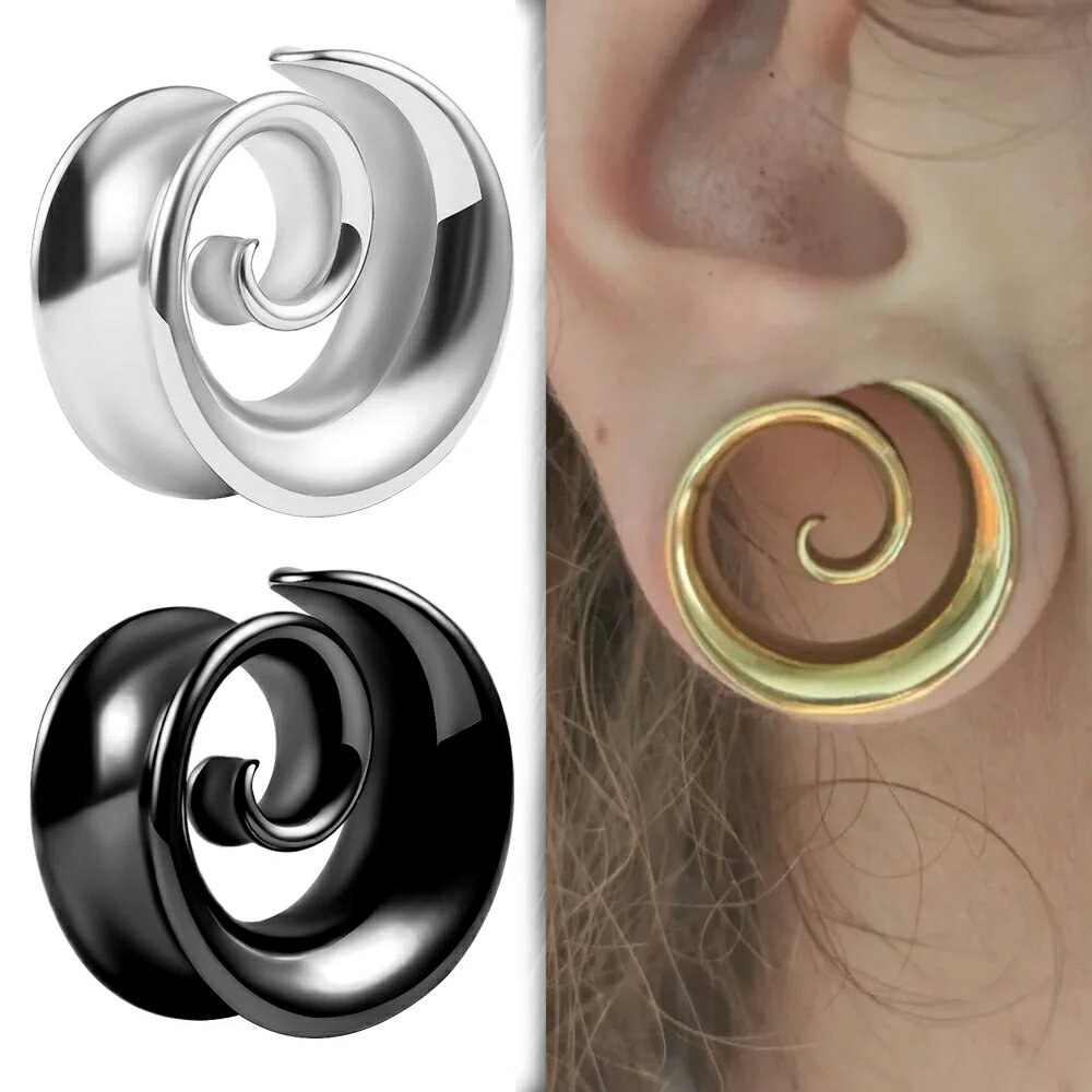 [0G 00G 12mm ボディーピアス] スパイラルダブルフレアボディピアス 1個販売 回転 シンプル うずまき 渦巻き ステンレス シルバー ブラック ゴールド 金色 銀色 黒色 ホール系 メンズ レディース プレゼント お洒落 彼氏 彼女 拡張 回転