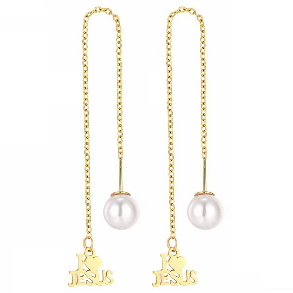 Rakuten - ゴールドジーザスパールキャッチステンレスチェーンピアス 1ペア販売 女子 人気 プレゼント ギフト アメリカンピアス ステンレスピアス 18ゲージ 18G 耳 軟骨 レディース 揺れる 結婚式 卒業式 デート 入学式 ウエディング ドレス 金色 真珠 キリスト クライシス