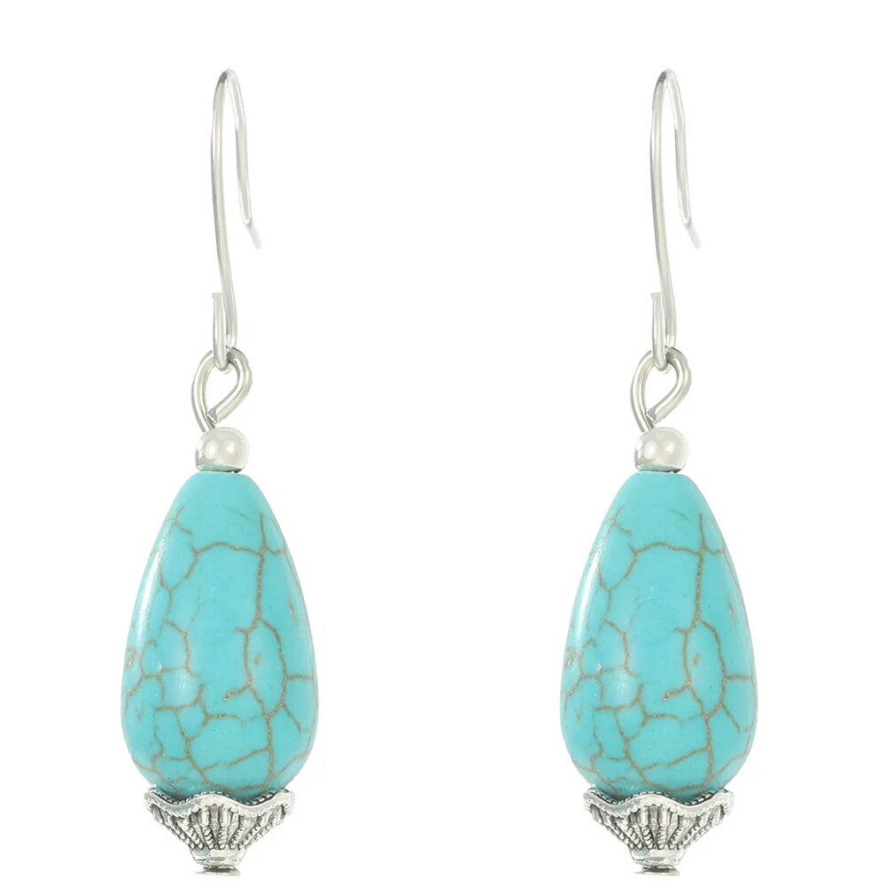 Turquoise Tiered Hook Earrings / 1 Pair - Turquoise, December Birthstone, Bohemian Style, Men's & Women's, Indian Jewelry, Natural Stone, Dangle Earrings, Antique Silver, Brass, Fashion Earrings, Pair, Gift, Teardrop Shape, Waterdrop