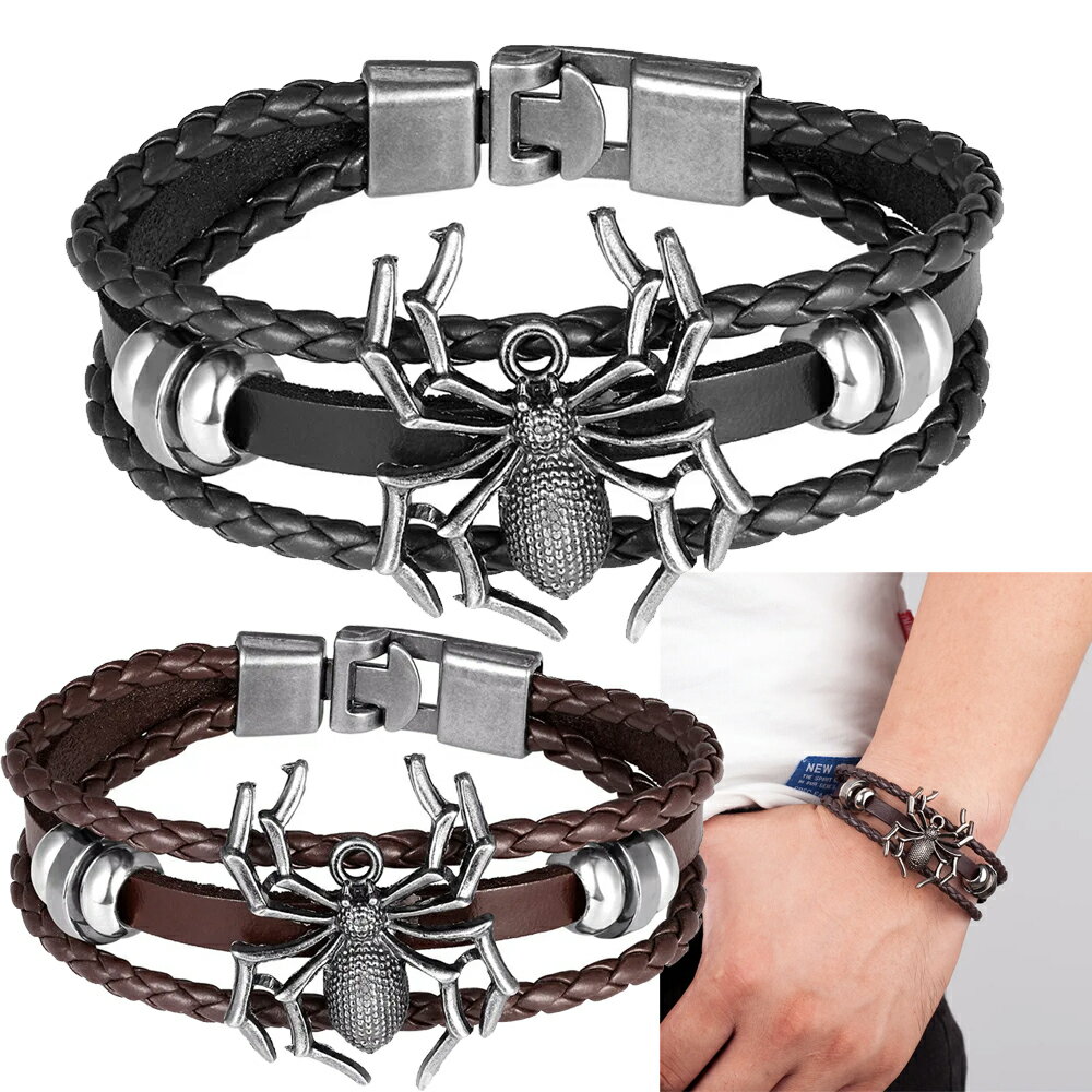 スパイダー 3連ラップレザーブレスレット（ブラック/ブラウン） 1個販売 くも 蜘蛛 黒色 茶色 シルバー 銀色 編み込み 手首 重ね付け ..