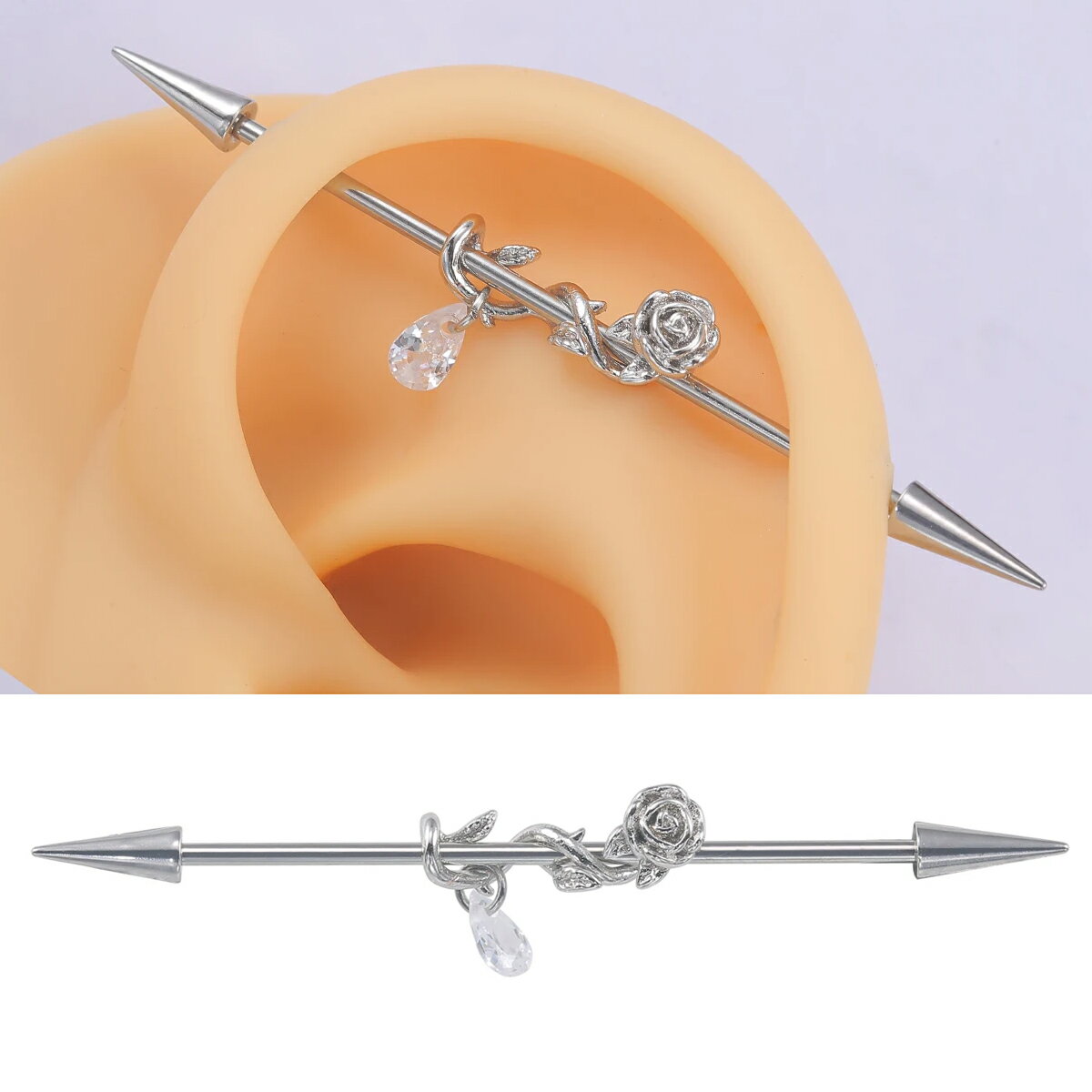 [16G インダストリアル ] スパイクローズジュエルチャーム ボディピアス 1個販売 16ゲージ 薔薇 バラ 花 揺れる 滴 ストーン ジルコニア 透明 クリア 石 涙 ティアードロップ型 メガバーベル メンズ レディース ロングバーベル ピアスをつなぐ サージカルステンレス316L