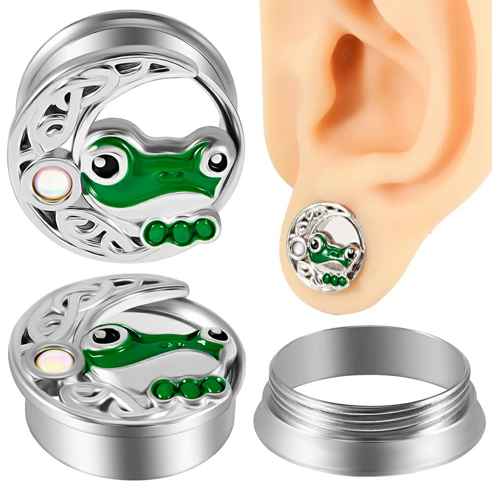 [0G 00G 12mm ] 月と蛙のボディピアス ネジ式 ダブルフレア 1個 三日月 ムーン カエル フロッグ 合成オパール 天然石風 虹色 ボディーピアス ネジタイプ 0ゲージ 00ゲージ 12.0mm 12ミリ ステンレス ホールピアス メンズ レディース プレゼント つけっぱなし