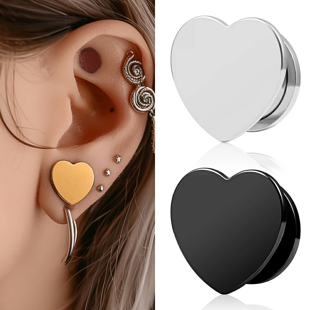 Rakuten - [0G 00G 12mm ボディピアス] ワンハートトンネル ボディーピアス 1個販売 黒色 金色 銀色 ブラック ゴールド シルバー 螺子 0ゲージ 00ゲージ 12.0mm 1/2 12ミリ 8mm 10mm メンズ レディース ネジ式 ネジタイプ プラグ ホール プレゼント サージカルステンレス316L製