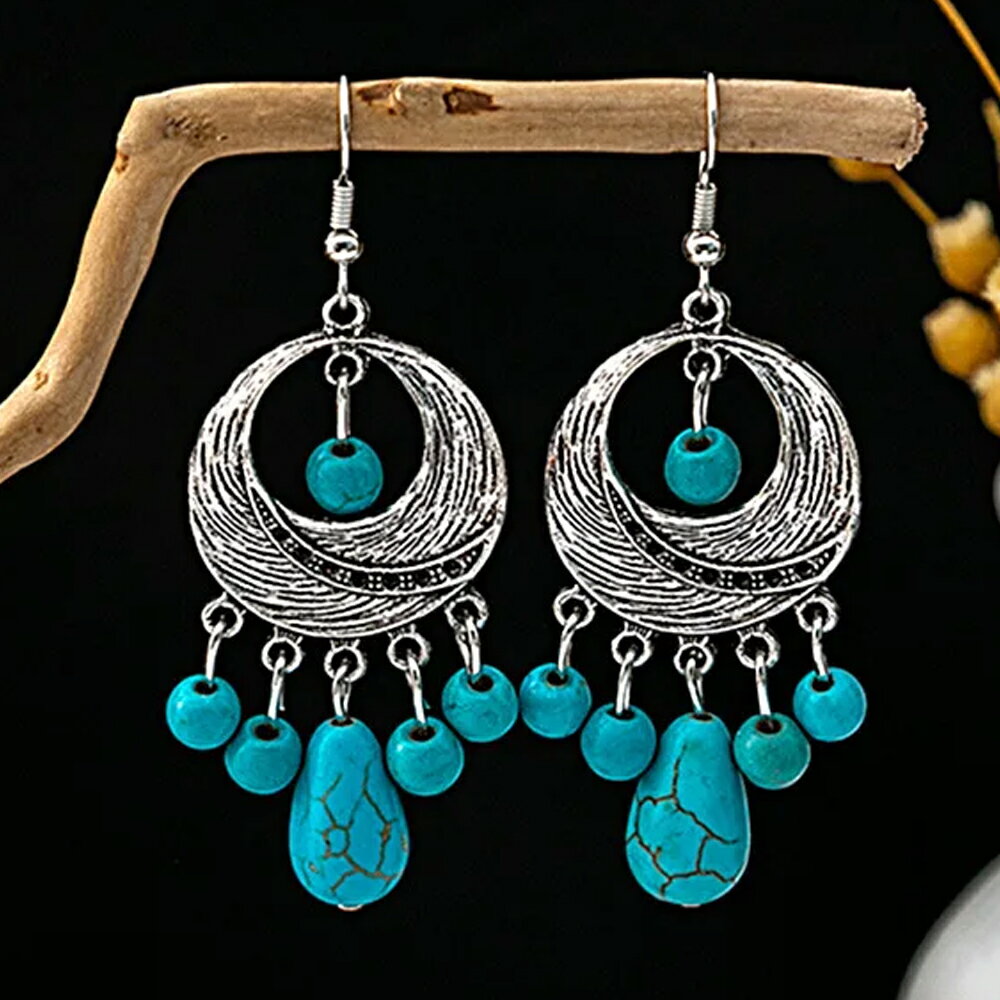 올랜도 터키석 후크 귀걸이/1쌍 터키석 12월 탄생석 원형 눈물 티어 드롭형 방울 워터 드롭 보헤미안 맨즈 레이디스 천연석 흔들리는 골동품 실버 은색 황동 패션 귀걸이 0 선물 0 선물