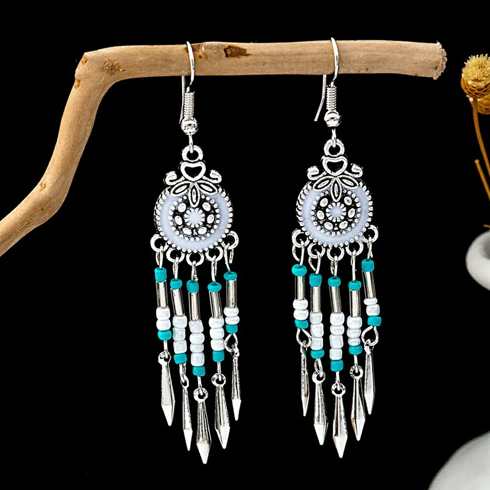 터키석 블루 비즈 드림 훅 피어스/1 페어 터키석 드림 캐쳐 백색 청색 비즈 보헤미안 맨즈 레이디스 흔들리는 골동품 실버 은색 황동 패션 피어스 양귀 선물 기프트 20 G 20 게이지
