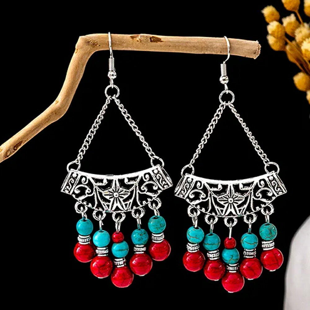 Flower Turquoise Red Stone Hook Earrings / 1 Pair - Turquoise, December Birthstone, Flower Design, Round Shape, Blue and Red, Bohemian Style, Men's and Women's, Natural Stone, Dangle Earrings, Antique Silver, Brass, Fashion Earrings, Pair, Gift, 20G (20 Gauge)