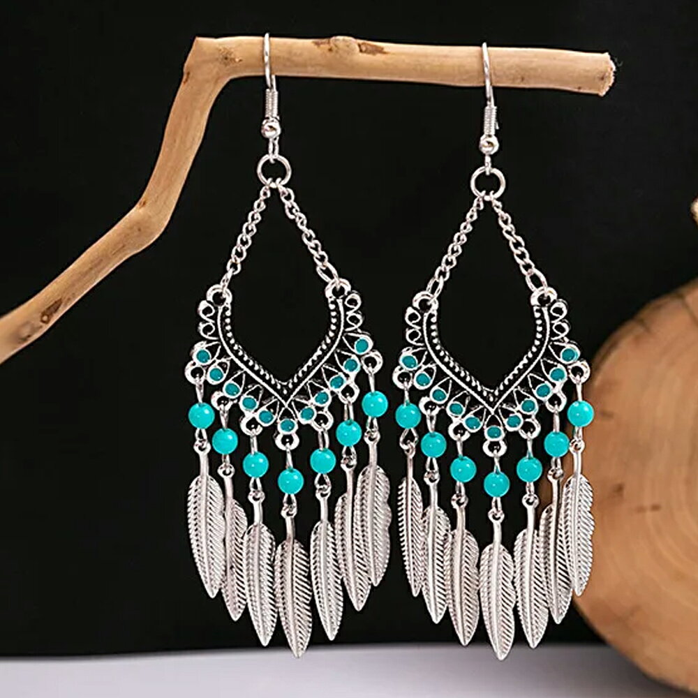 롱 페더터 코이즈 블루 훅 피어스/1 페어 터키석 드림 캐쳐 날개 긴 청색 비즈 보헤미안 맨즈 레이디스 흔들리는 골동품 실버 은색 황동 패션 피어스 양귀 선물 기프트 20 G 20게