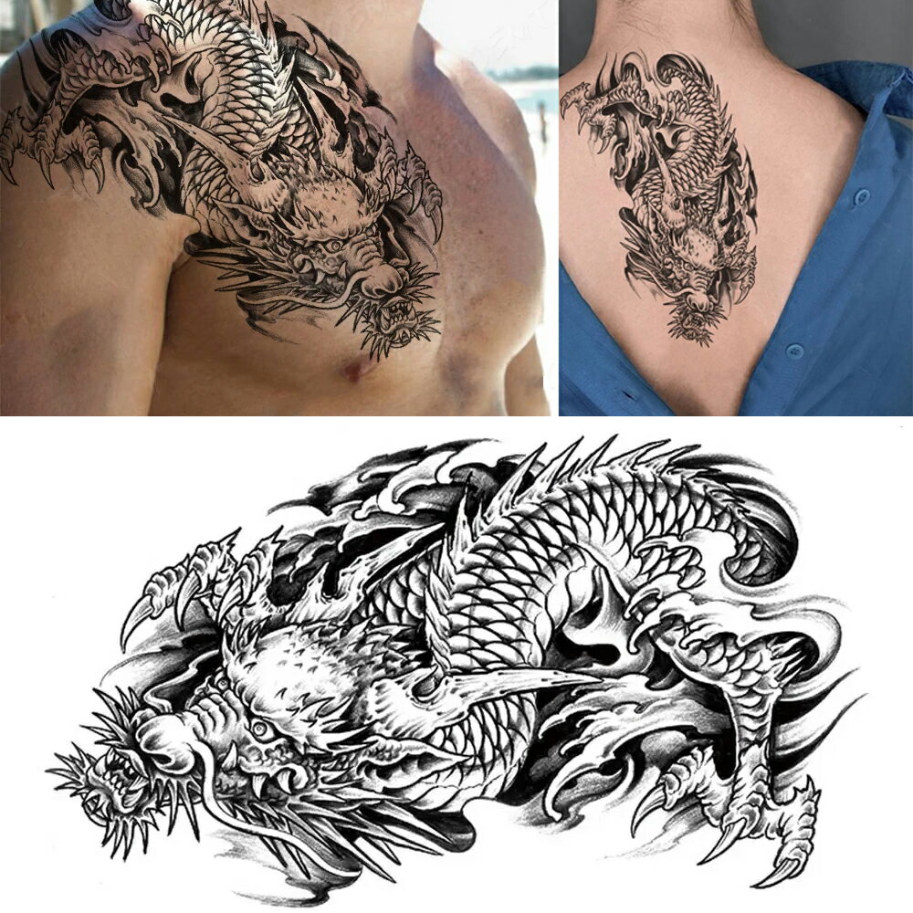 [チェスト バック ショルダー] フェイクタトゥーステッカー 1個販売 背中用 胸部用 肩用 横長タイプ 竜..