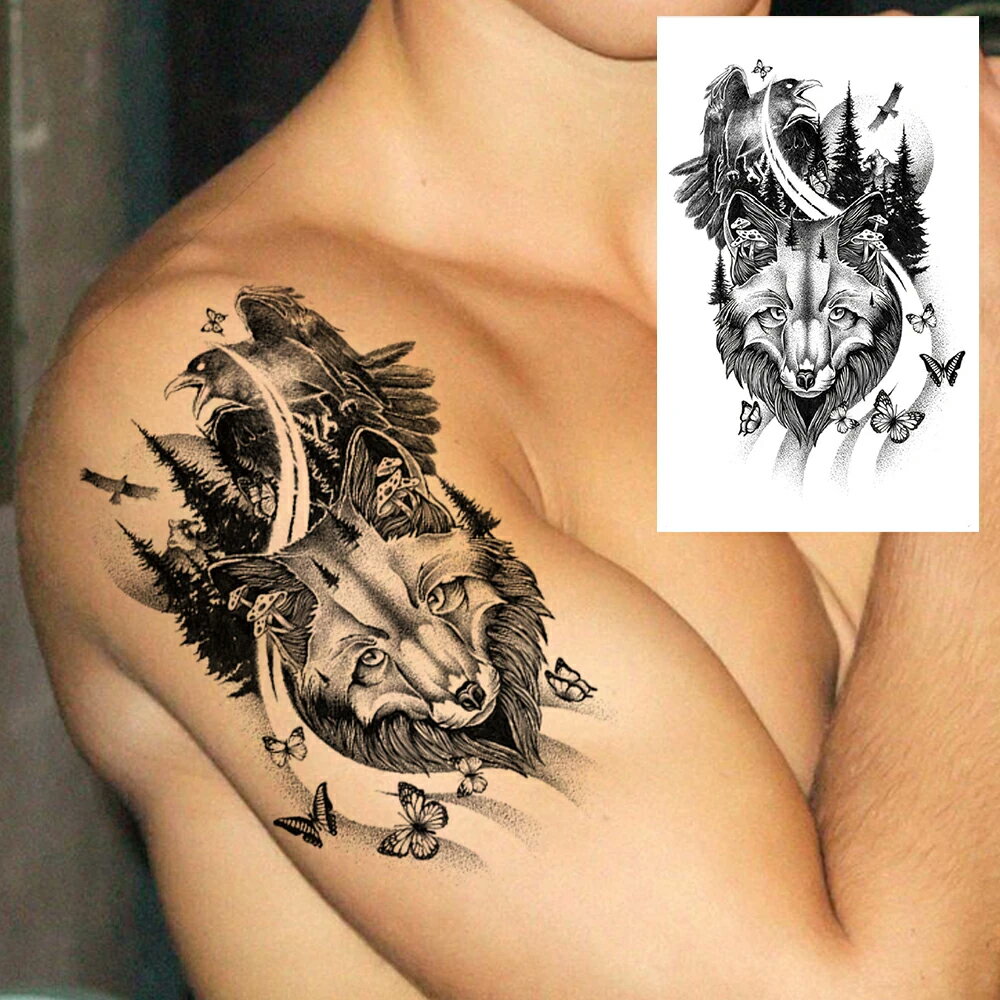 大きめフェイクタトゥーステッカー 1シート キツネ 狐 フォックス カラス 烏 蝶 バタフライ チョウ 森 ..