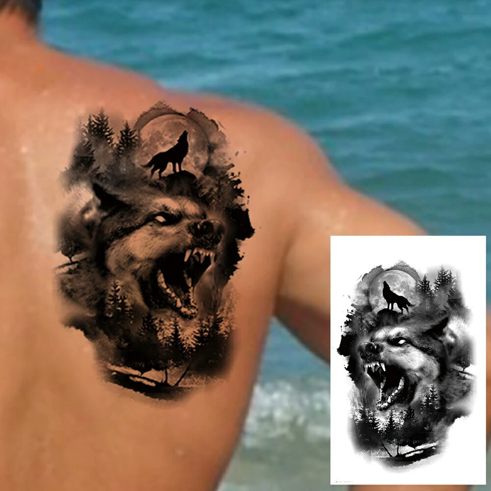 大きめフェイクタトゥーステッカー 1シート ウルフ 狼 オオカミ 動物 アニマル 満月 タトゥシール メンズ レディース 仮装 入れ墨 小道具 コスプレ 大きい 腕 胸 肩 背中 太腿 足首 腰 太もも 刺青 偽物 プレゼント たとぅ