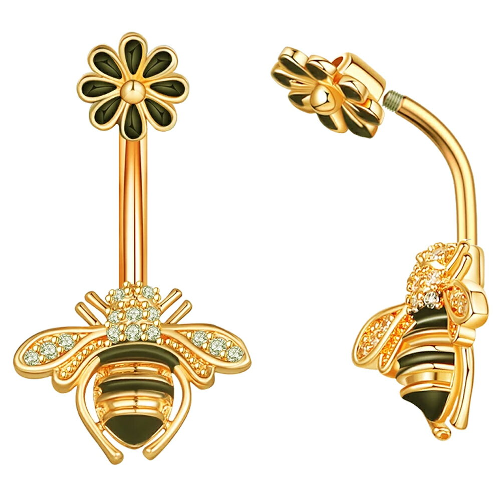 お花と蜜蜂（ミツバチ）モチーフにした金色ゴールドの14ゲージのバナナバーベル型ボディピアス。揺れないタイプのお花とみつばちを金にメッキすることで高級感とリアルさをアップさせた臍ピアス。シャフトにネジ山のある通常タイプのアウトターナル型のヘソ...