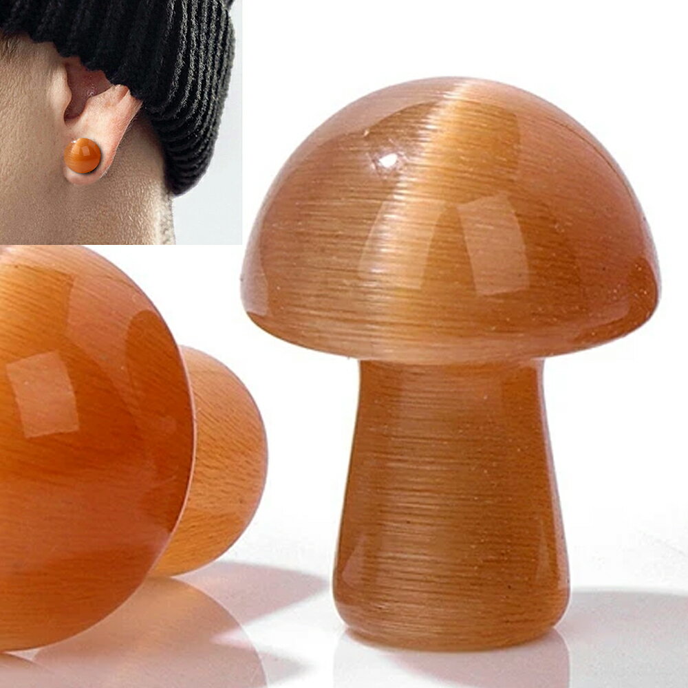 [0G 8mm 天然石 ボディーピアス] マッシュルーム天然石プラグ(ブラウンキャッツアイ) ボディピアス 1個販売 茶色 金属アレルギー対応 メンズ レディース ダブルフレア 耳 軟骨 人気 0ゲージ 8ミリ 綺麗 人気 キノコ型 きのこ型 拡張 ストーン 誕生石(4.0)