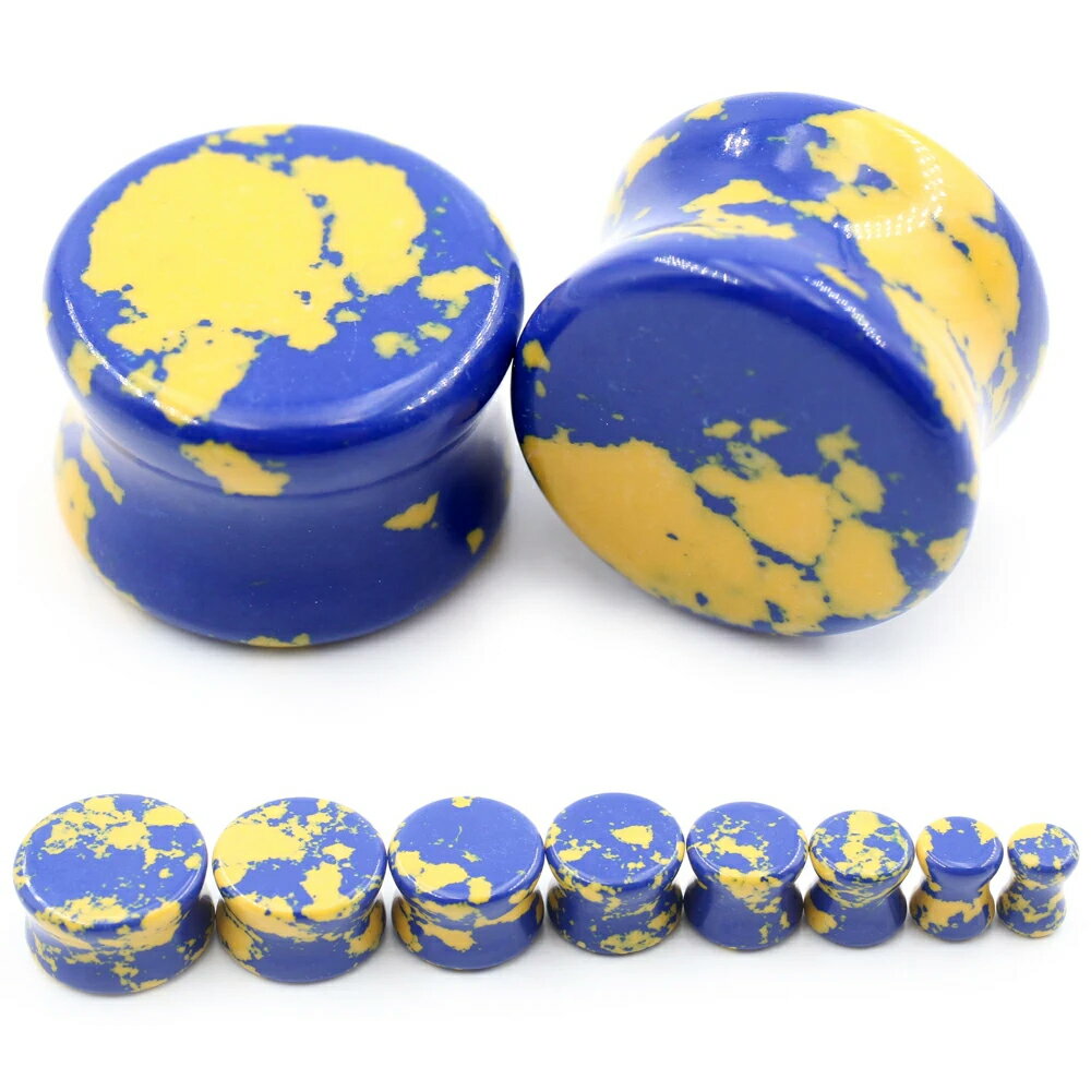 [0G 00G 12mm カラフル天然石ダブルフレアプラグ] イエローxブルー 1個販売 金属アレルギー対応 青色 黄色 ボディーピアス 2ゲージ 0ゲージ 00ゲージ 12.0mm ステンレス 6mm 8mm 10mm 12ミリ メンズ レディース ホールピアス 拡張 ナチュラルストーン オーガニック(4.0)