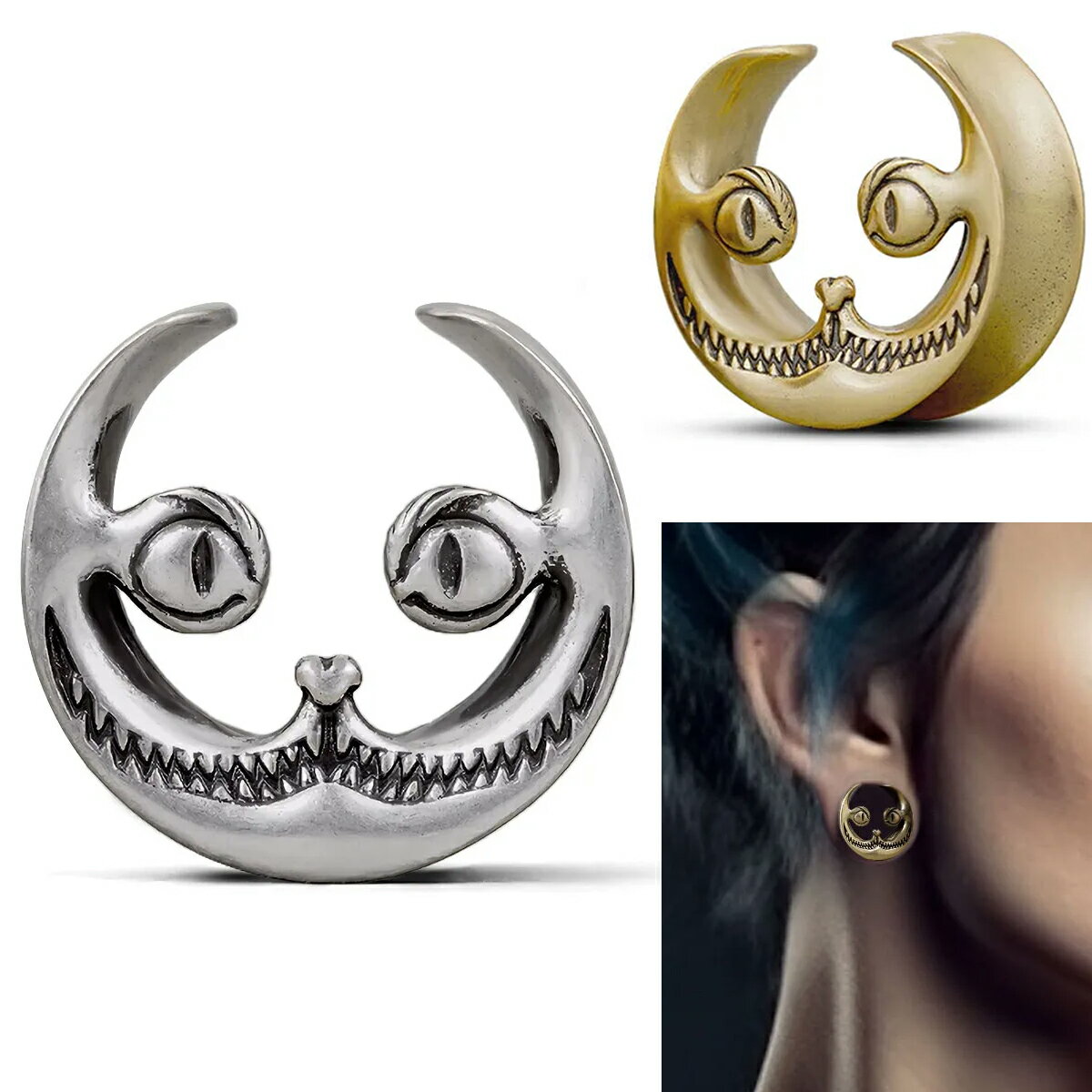 Other - [0G 00G 12mm ボディーピアス] ゴーストキャット ダブルフレア ボディピアス 1個販売 化け猫 ネコ ペット 動物 アニマル シルバー 銀色 ゴールド 金色 立体 3D 真鍮 ホール系 メンズ レディース シルバー プレゼント ハロウインパーティー コスプレ 仮装 半円型 半月型