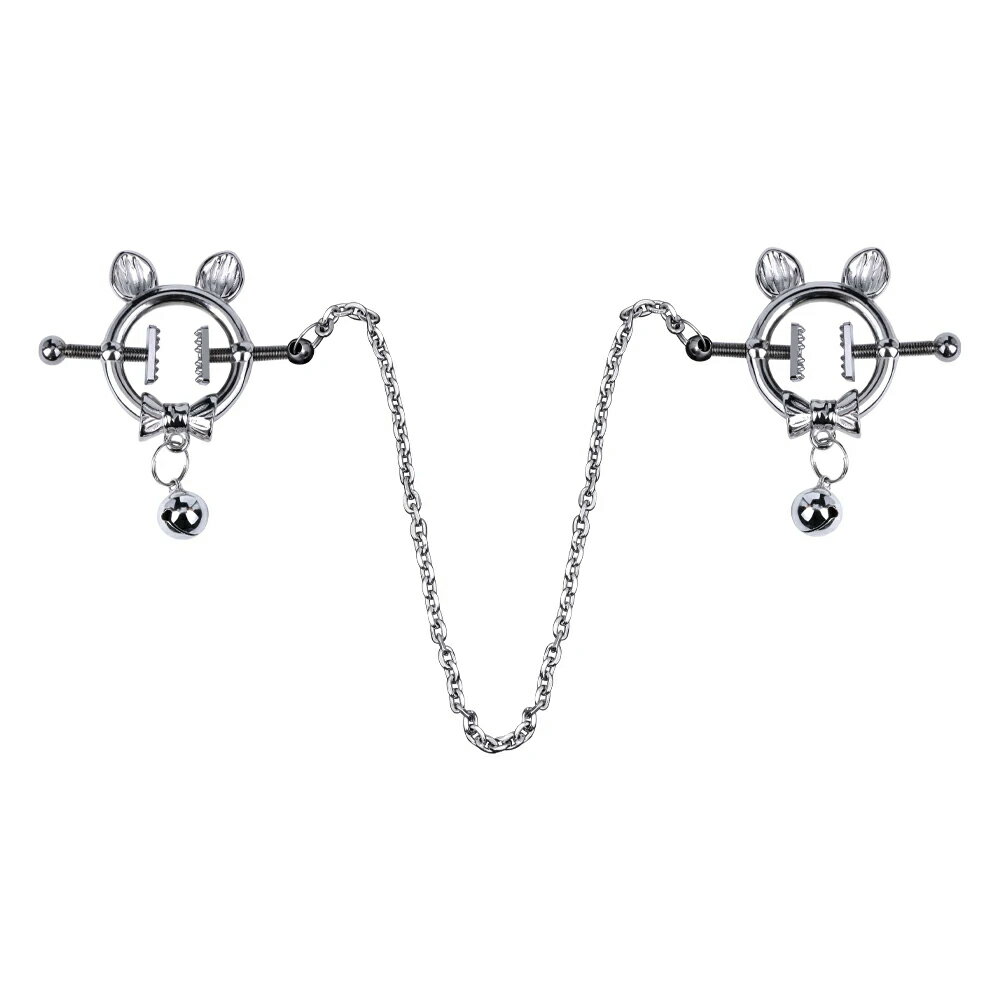[乳首 ノンホールピアス] マウスベルチャーム チェーン ニップルクランプ 1個販売 動物 リボン 鈴 アニマル 耳 ネズミ 鼠 可愛い はさむ 繋ぐ クサリ 鎖 ボディピアス メンズ レディース 開けない ネジタイプ ニップルクリップ 挟む ボディーピアス つなぐ 乳首ピアス