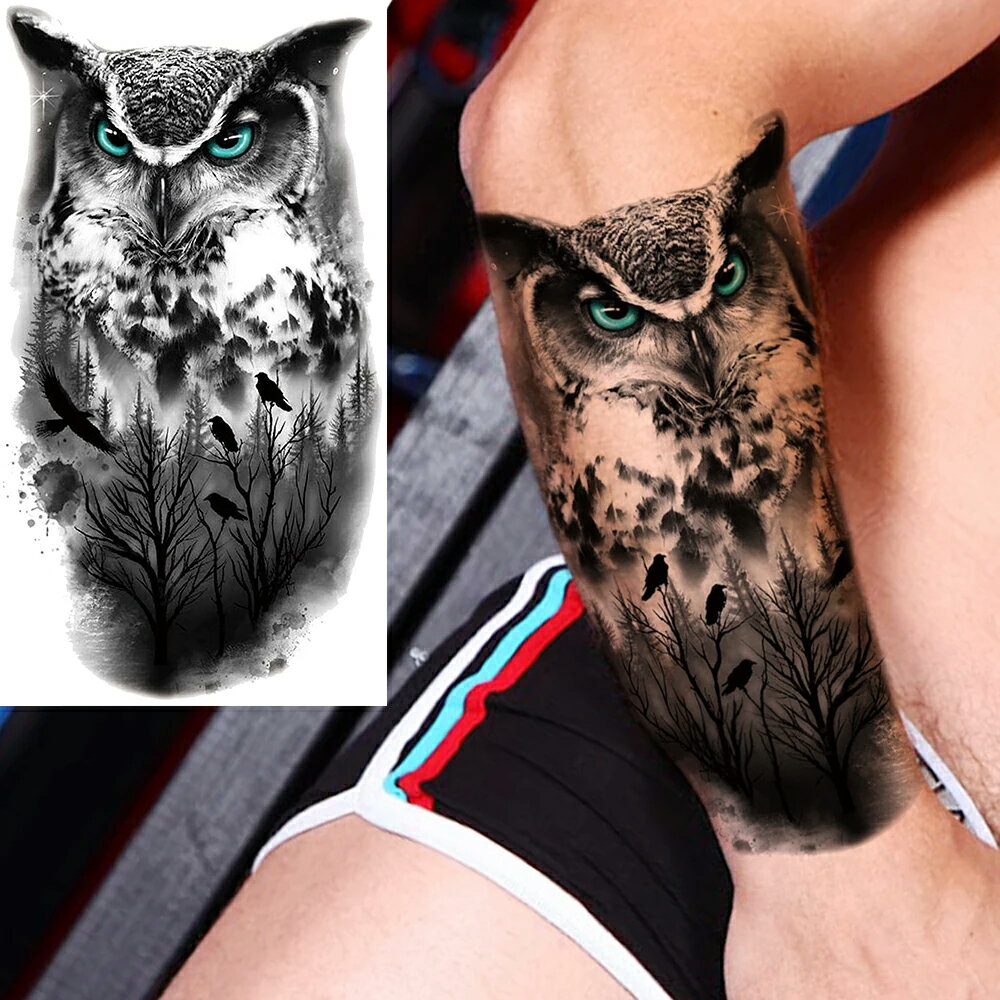 大きめフェイクタトゥーステッカー 1シート フクロウ 梟 オウル 白 黒 鳥 鴉 カラス バード かっこいい..