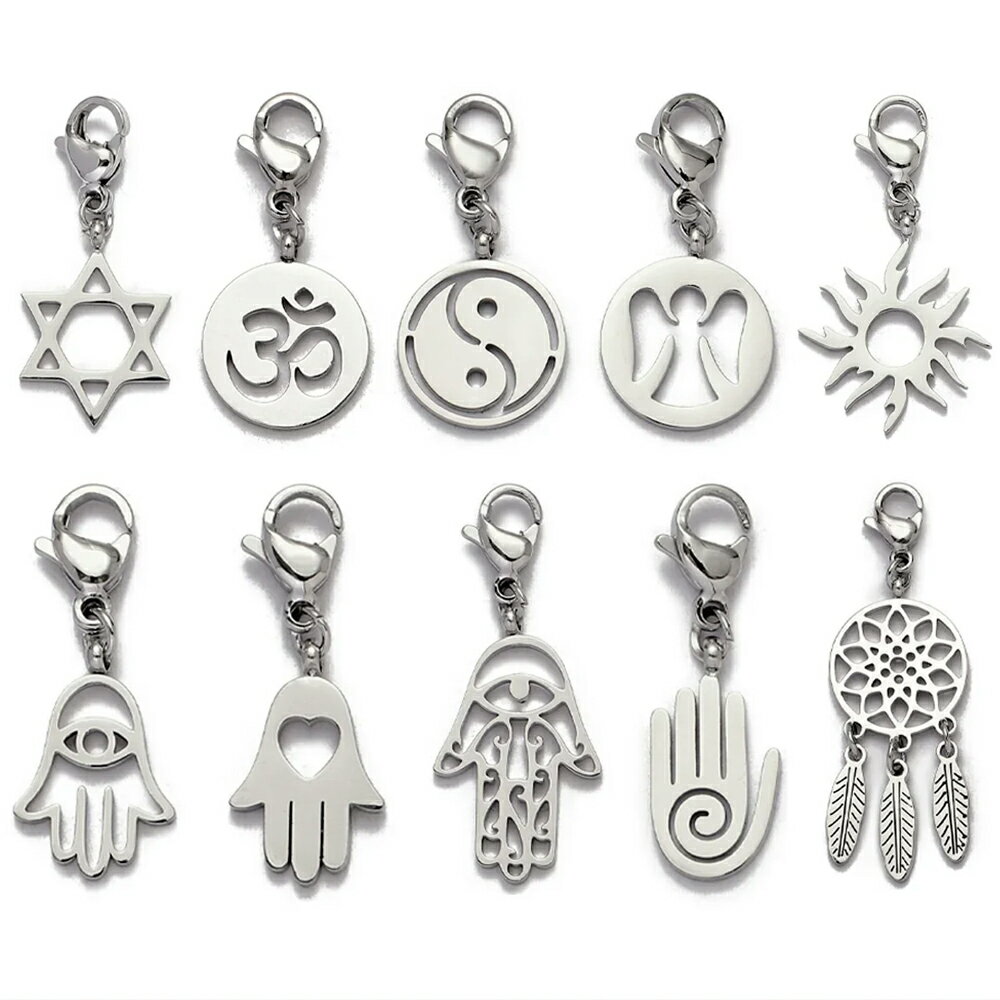 カニカン付き ボヘミアンステンレスチャームパーツ 1個 シルバー 銀色 梵字 陰陽 天使 エンジェル 星 ..