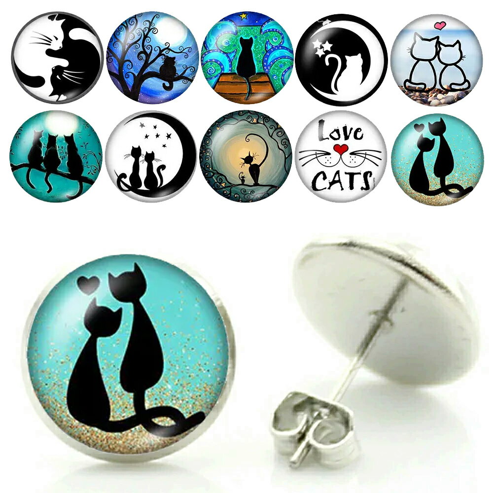 Rakuten - 14mm カボションステンレスピアス (ラブリーキャット) 1ペア 両耳 ネコ 猫 陰陽 三日月 カップル ペア ハート アニマル 動物 ペットショップ 丸型 丸い カボーション 20G 20ゲージ 20g スタッドピアス メンズ レディース プレゼント サージカルステンレス316L製