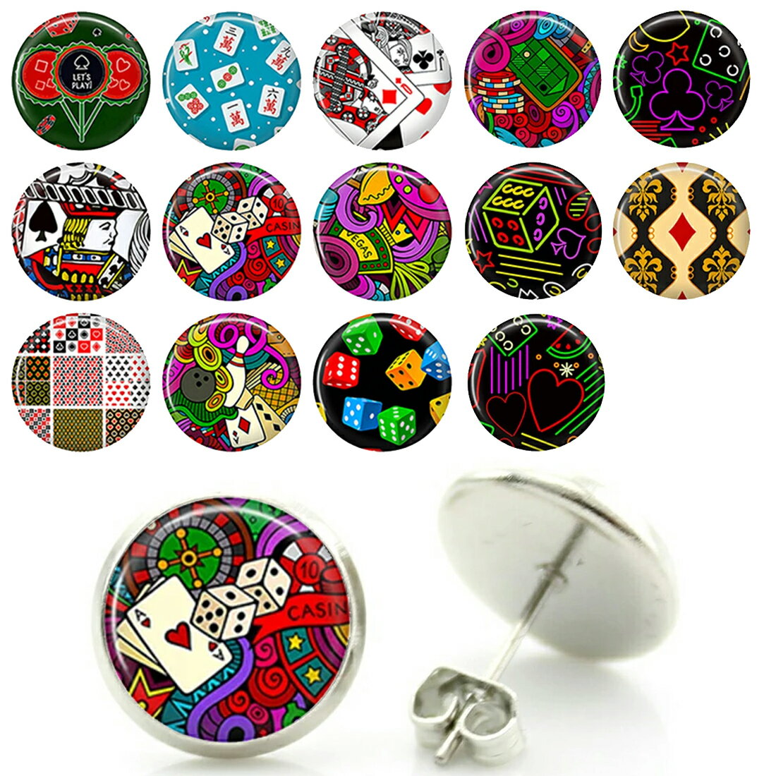 14mm カボションステンレスピアス (ギャンブル) 1ペア 両耳 麻雀 マージャン トランプ カジノ サイコロ ボーリング ボードゲーム ダイス 丸型 丸い カボーション 20G 20ゲージ 20g スタッドピアス キャッチピアス メンズ レディース プレゼント サージカルステンレス316L製