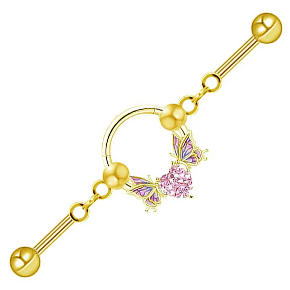 Rakuten - [16G インダストリアル 長いバーベル] ピンクジュエルハートバタフライリングゴールドダブルジョイント ボディピアス 1個販売 蝶 ちょうジルコニア 石付き ストーン 金色 ストレートバーベル リング 16ゲージ メガバーベル メンズ レディース ロングバーベル 2本 曲がる 動く