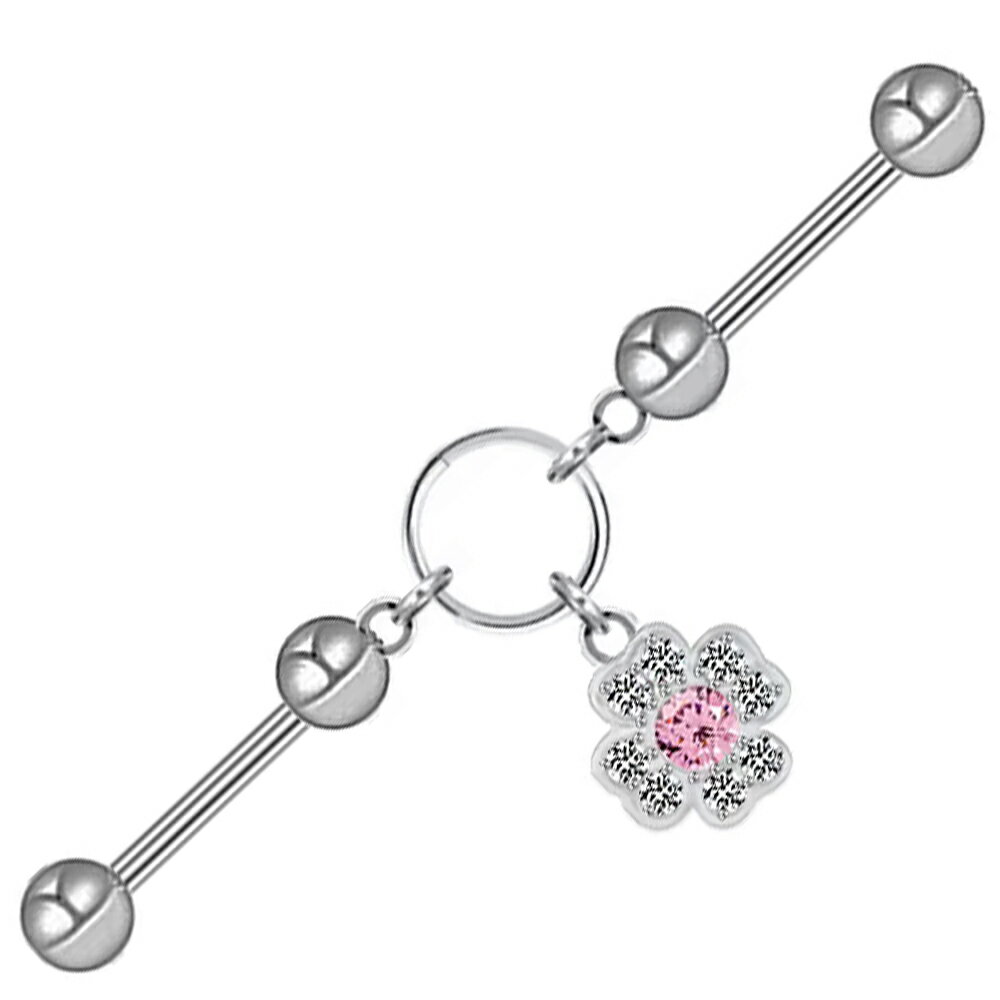 Rakuten - [14G インダストリアル 長いバーベル] ジュエルハッピークローバーチャームダブルジョイント ボディピアス 1個販売 四葉 よつば ジルコニア クリスタル 石付き ストレートバーベル リング 14ゲージ メガバーベル メンズ レディース ロングバーベル 2本 曲がる 動く