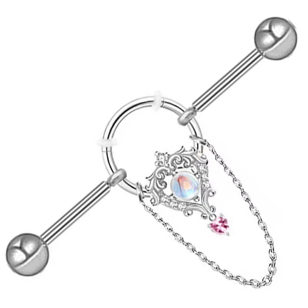 Other - [16G インダストリアル 長いバーベル] オパールエンブレムチェーンハートチャームダブルジョイント ボディピアス 1個販売 天然石風 鎖 ジルコニア クリスタル 石付き ストレートバーベル リング 16ゲージ メガバーベル メンズ レディース ロングバーベル 2本 曲がる 動く