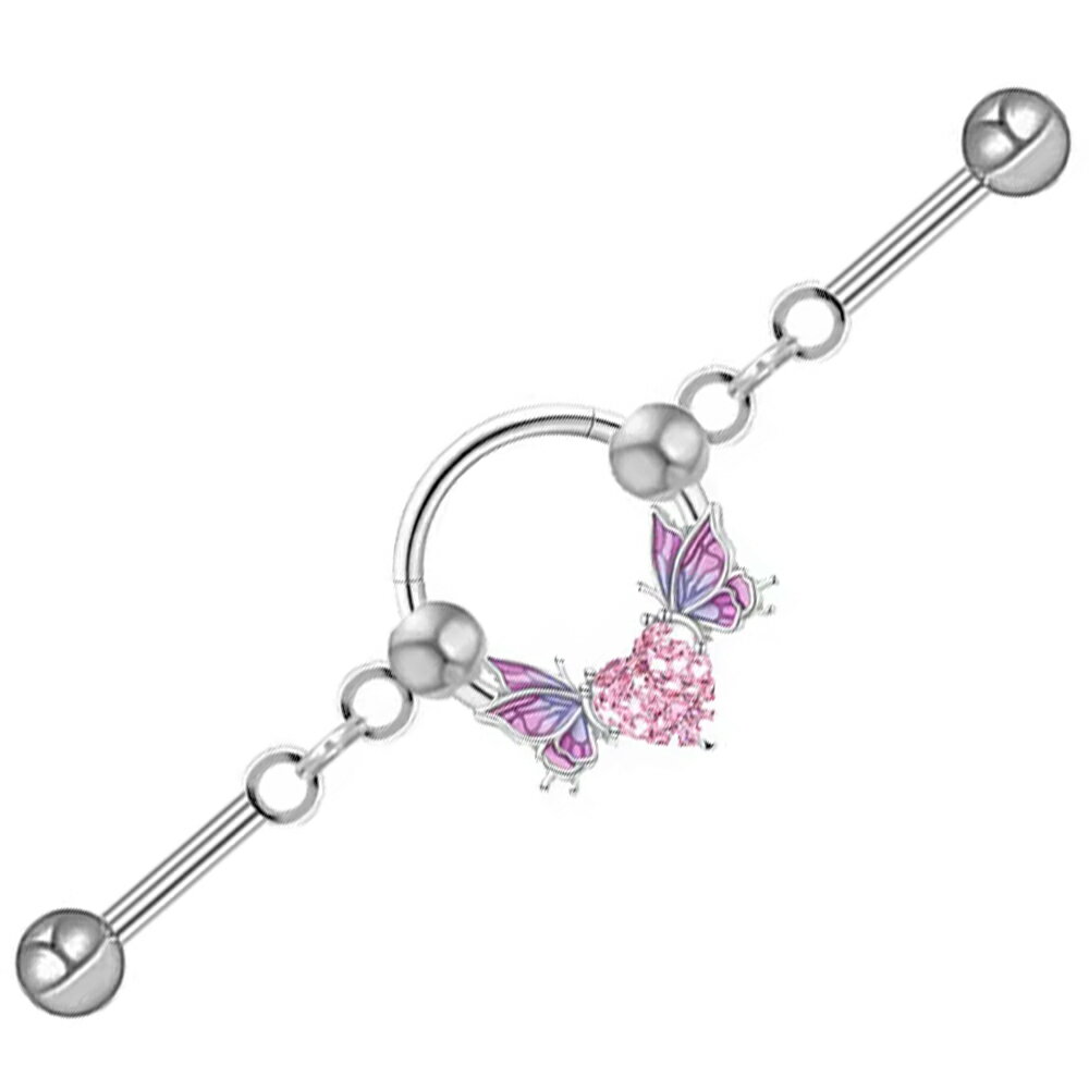 [16G インダストリアル 長いバーベル] ピンクジュエルハートバタフライリングダブルジョイント ボディピアス 1個販売 蝶 ちょうジルコニア 石付き ストーン 銀色 ストレートバーベル リング 16ゲージ メガバーベル メンズ レディース ロングバーベル 2本 曲がる 動く