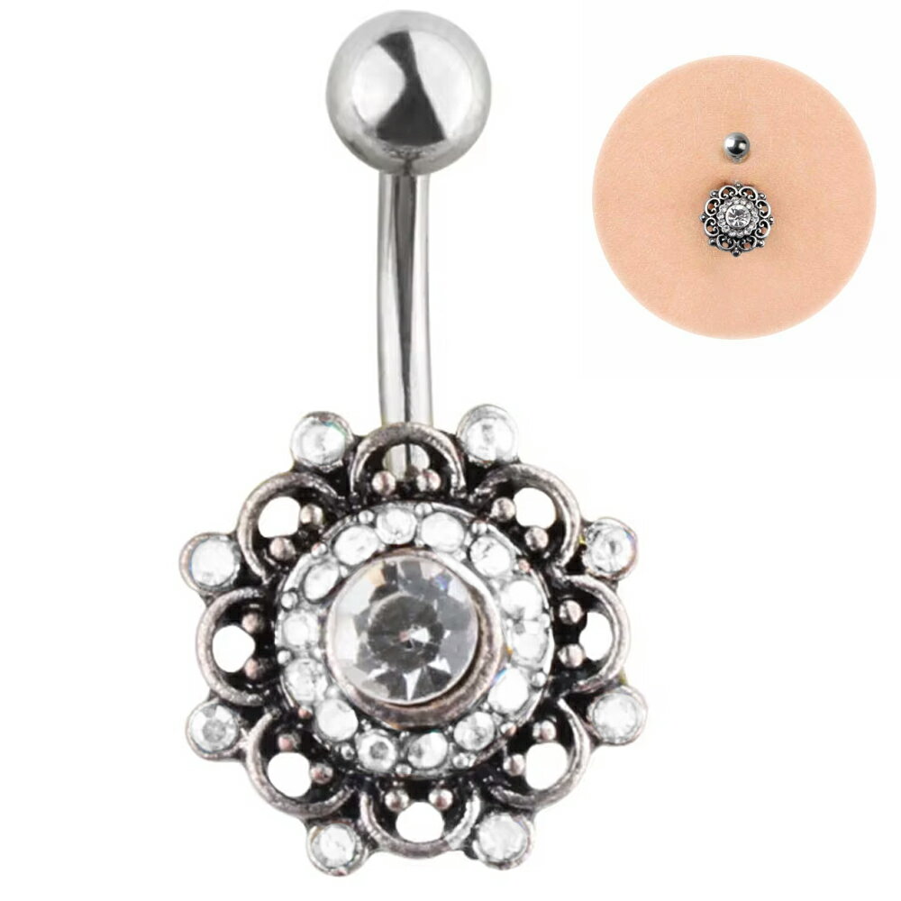[ヘソピアス ボディピアス 14G ] アメノホヒ へそピアス 14ゲージ 花 フラワー クリスタル ラインストーン ボヘミアン インディアンジュエリー メンズ レディース サージカルステンレス316L 臍ピアス ボディーピアス ヘソピ ジルコニア アンティークシルバー ジェンダーレス