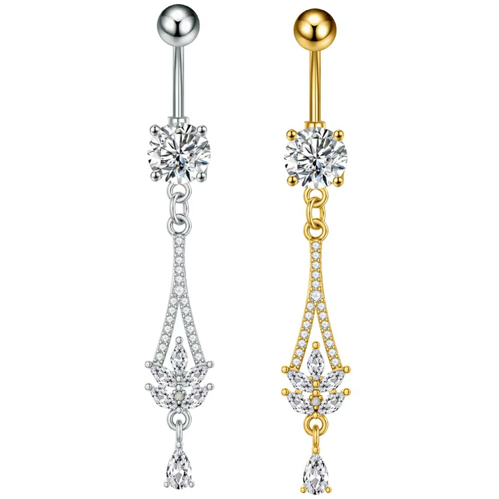 杠鈴型（圓形） - ロングリーフチャーム へそピアス 14G 14ゲージ 木の葉 アーチ 揺れる 石付き ジルコニア クリスタル ラインストーン ヘソピアス 臍ピアス ボディピアス サージカルステンレス316L ボディーピアス メンズ レディース