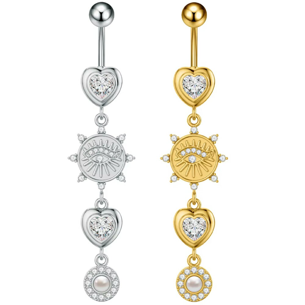 Rakuten - アイハートパールチャーム へそピアス 14G 14ゲージ 眼 目 真珠 揺れる 石付き ジルコニア クリスタル ラインストーン ヘソピアス 臍ピアス ボディピアス サージカルステンレス316L ボディーピアス メンズ レディース