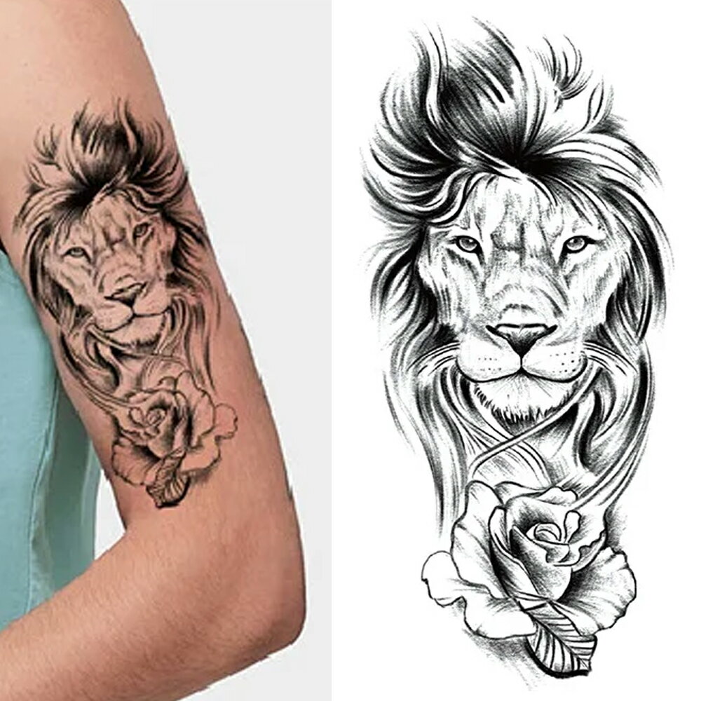 大きめフェイクタトゥーステッカー 1シート ライオン 獅子 花 フラワー バラ 薔薇 ローズ 白黒  ...