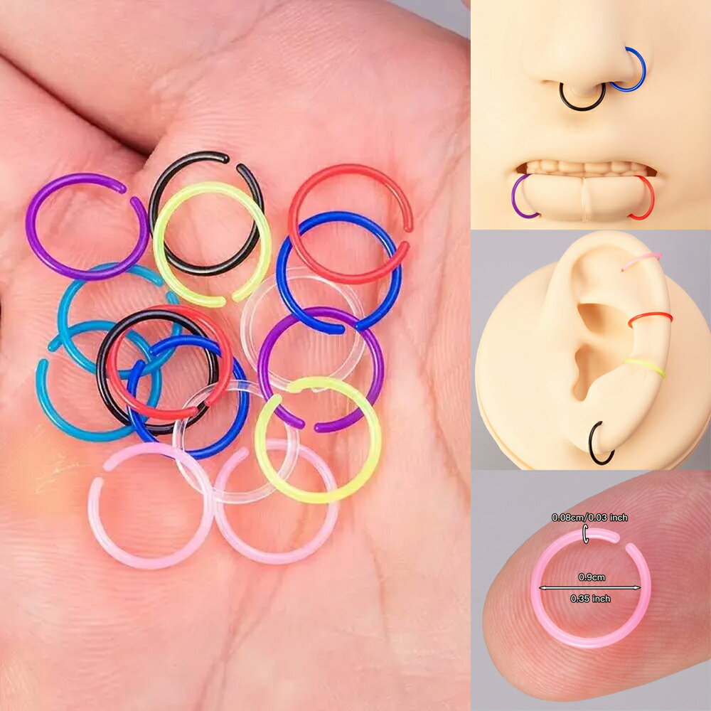 Body Earrings - [20G リング型 ボディピアス 金属アレルギー対応] カラフルシームレスリング ボディーピアス 6個アソート販売 20ゲージ 耳 鼻 軟骨 ノーズリング セプタム シンプル ヘリックス トラガス メンズ レディース セグメント 透明ピアス 柔らかい 男 女 ホールケア 安心 アクリル